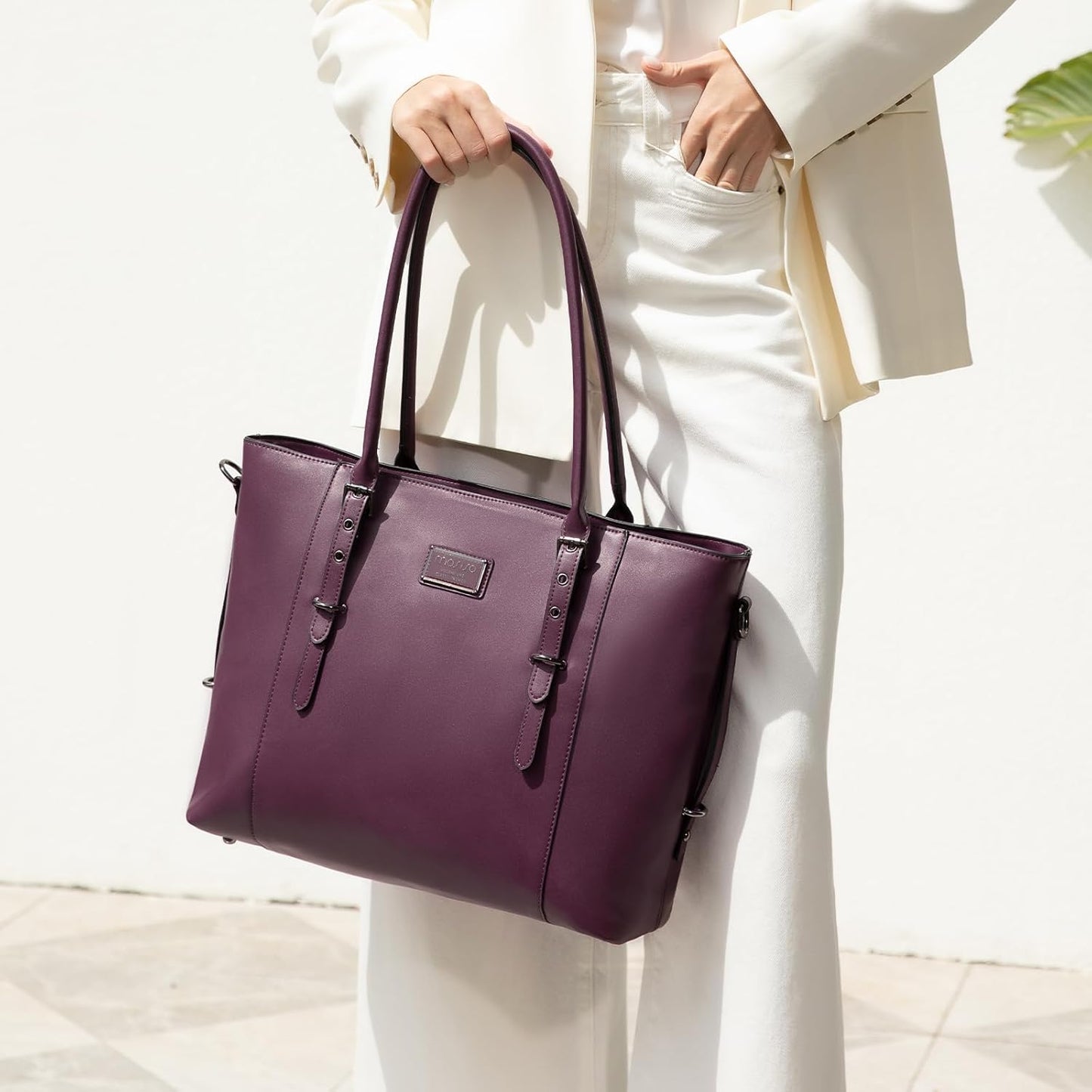 MOSISO PU Leather Laptop Tote Bag for Women, Waterproof Large Capacity Business Work Briefcase Shoulder Laptop Bag