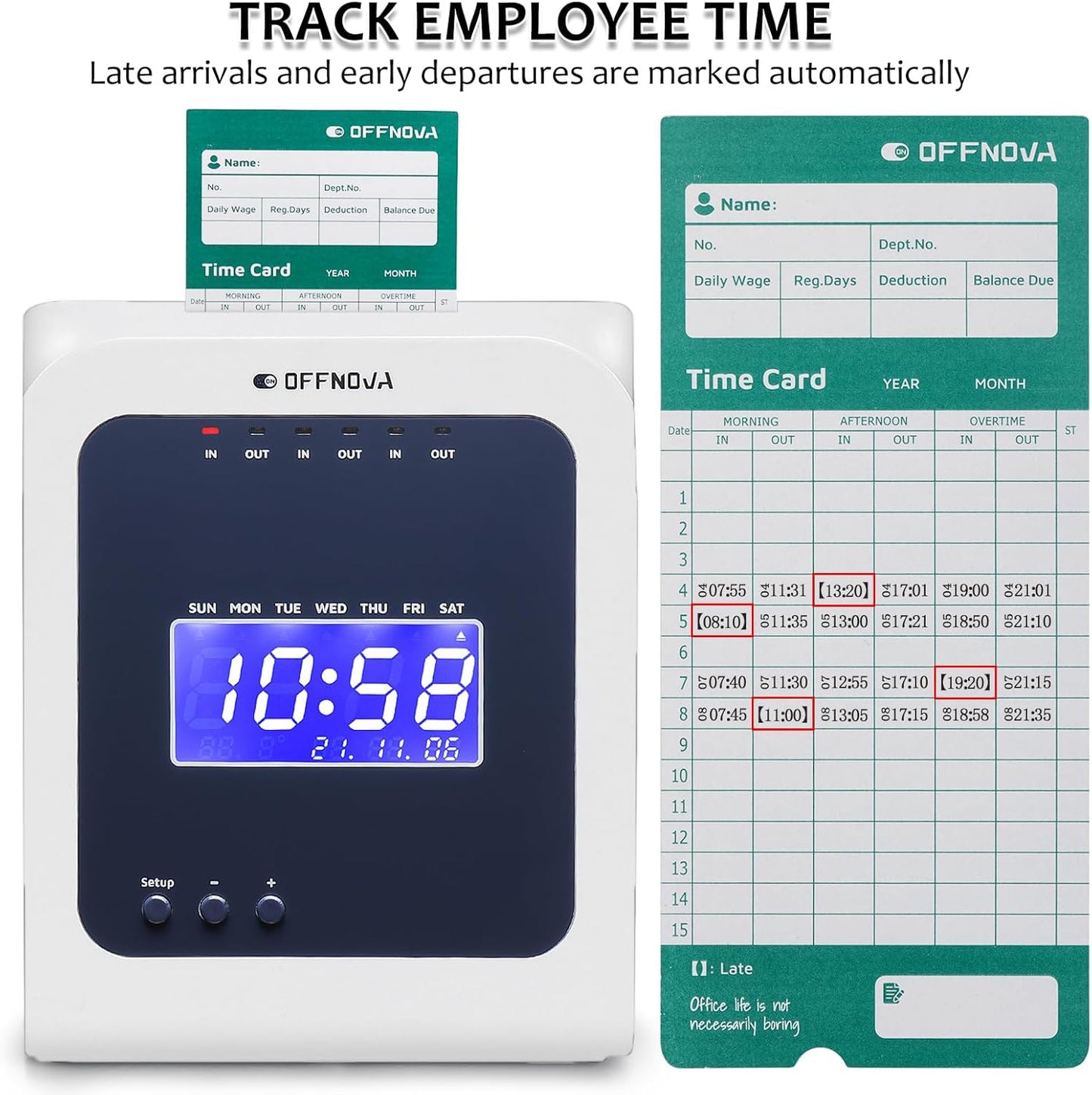 OFFNOVA Thermal Time Clock for Employees Small Business, No Ink Ribbons or Network Needed, in/Out Time Attendance Machine with 50 Time Cards