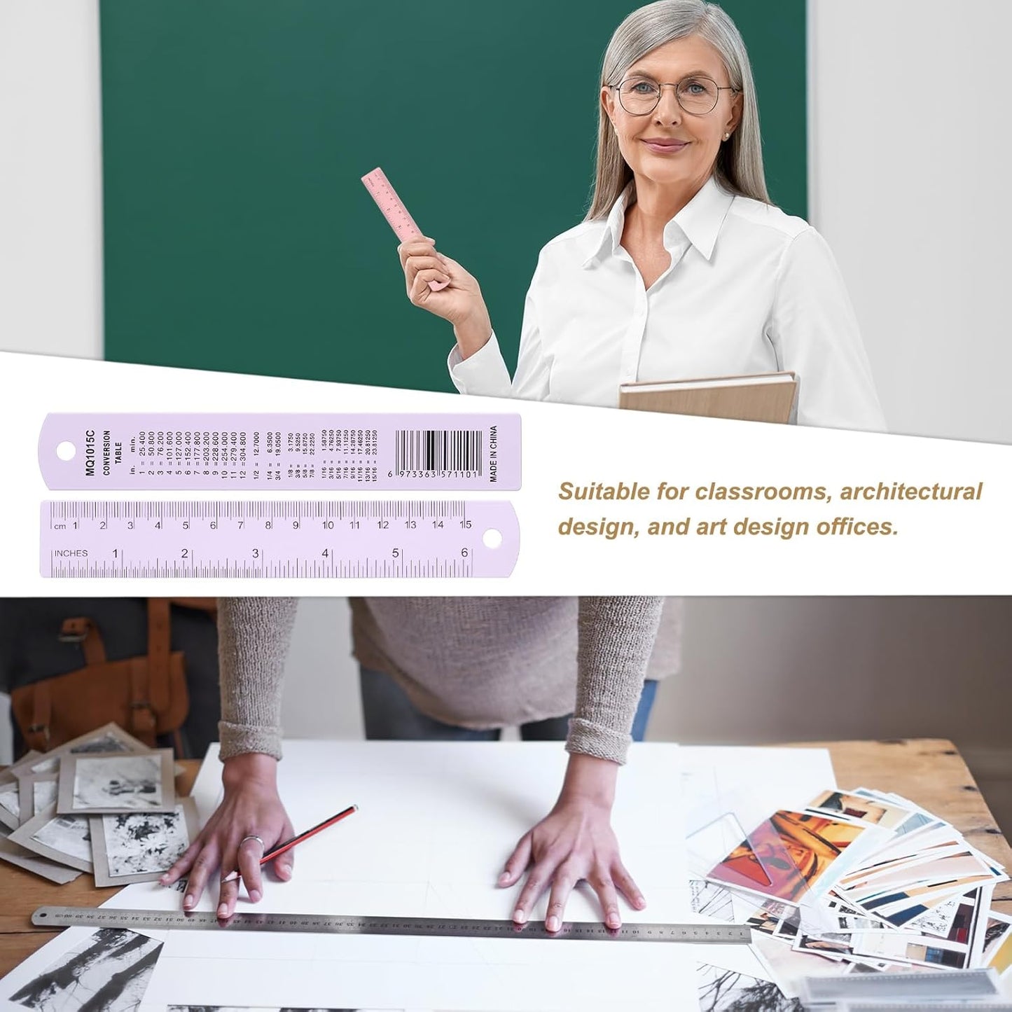 HARFINGTON 4pcs Metal Straight Ruler 15cm Metric SAE Aluminum Alloy Measuring Rulers Scale Tool with Hole for Measure Study Reading Classroom Office, Purple