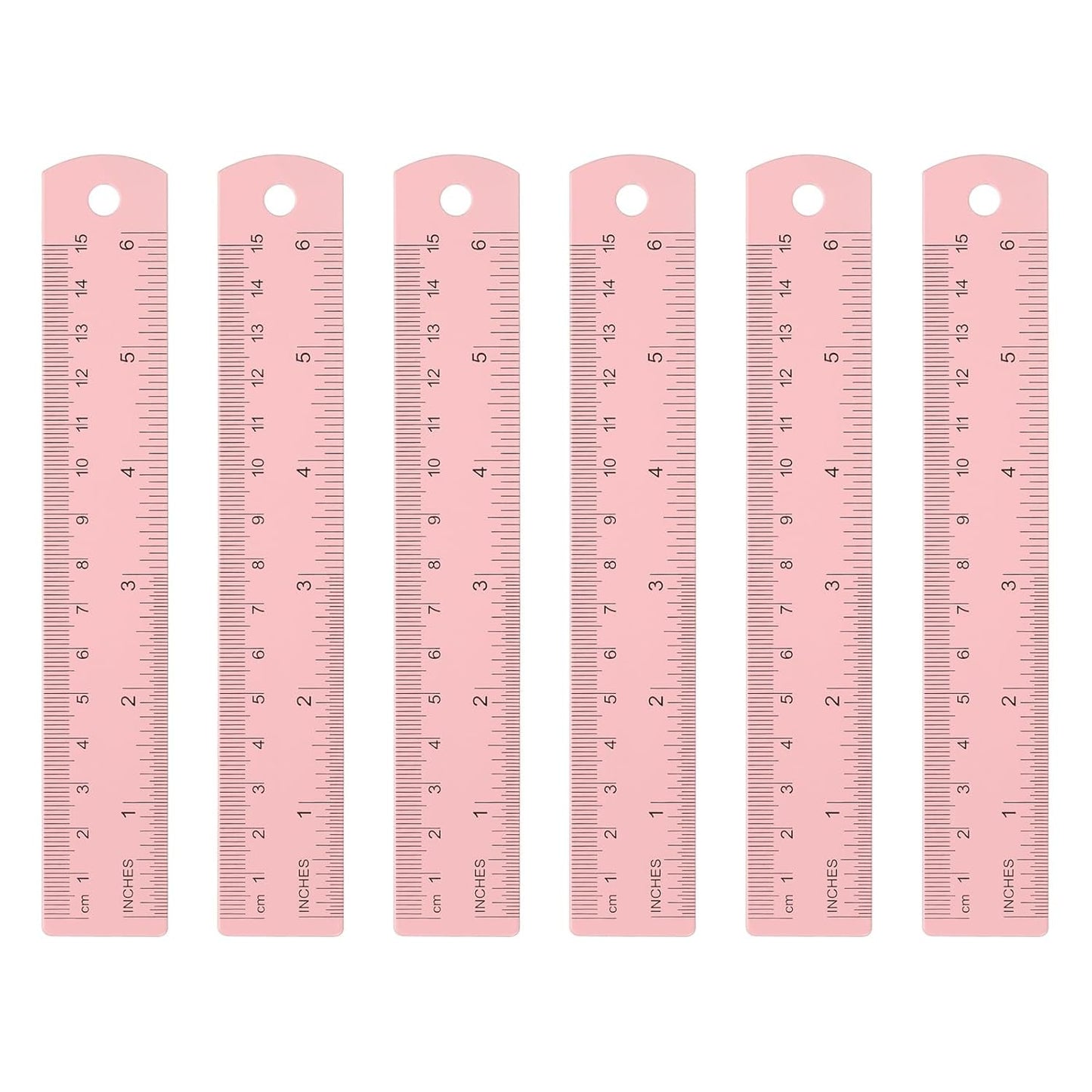 HARFINGTON 6pcs Metal Straight Ruler 15cm Metric SAE Aluminum Alloy Measuring Rulers Scale Tool with Hole for Measure Study Reading Classroom Office, Pink