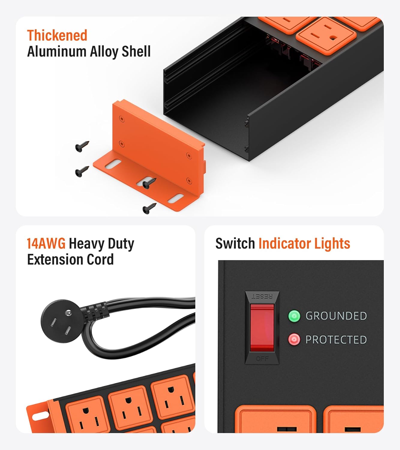 2 Pack Heavy Duty Power Strip 8 Outlets, Work Shop Outlet Strip Surge Protector 4800J, Industrial Metal 15Amp Power Strip, 6FT Extension Cord, ETL Listed