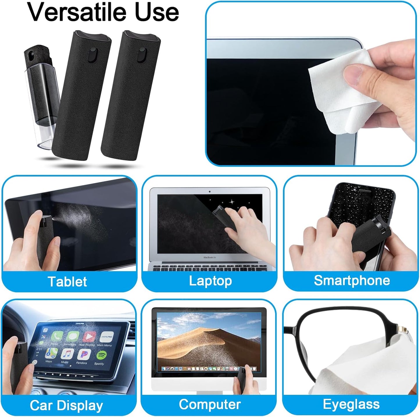 walrfid 3 Pack Screen Cleaner, Car Screen Cleaner Spray and Wipe, Computer Laptop Cleaning Kit for Electronic iPad, iPhone, Cellphone, Monitor, MacBook, Car Display, Tablet, TV Flat Screens, Black