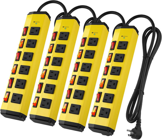 ANNQUAN 4PCS 6 Outlet Metal Power Strip with 6 Individual Switches,Heavy Duty Power Strip 1200J 15A 6FT Cord Home Office Industrial Commercial Shop