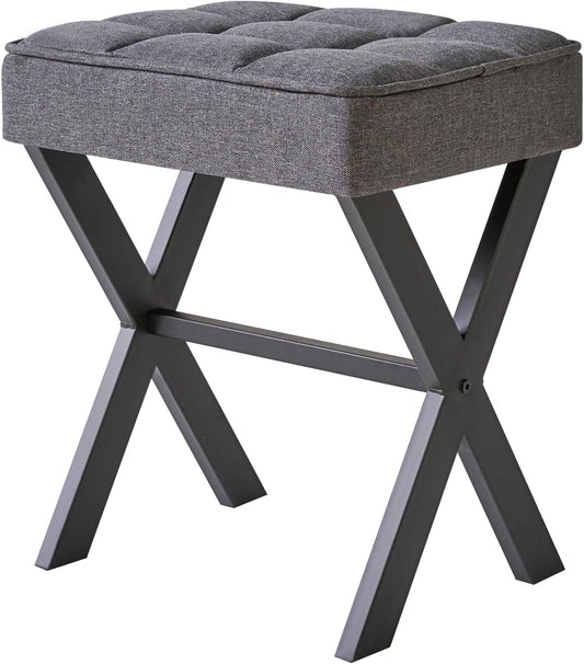 IBUYKE Square Makeup Stool with X-Leg Foot Rest, Linen Footrest, Ottoman Seat, Multi-Use as Small Side Table, for Bedroom, Living Room, Dark Gray LG-70G