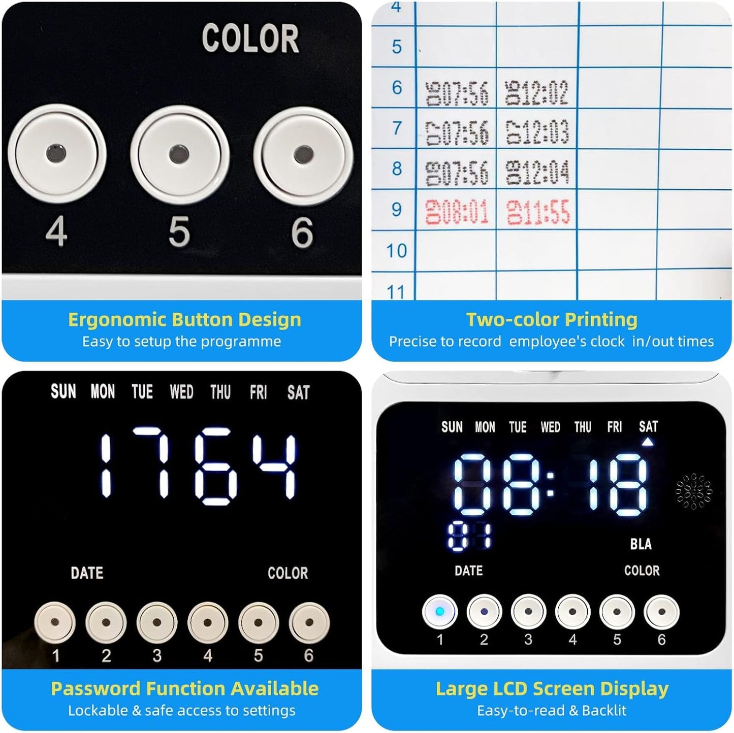 Time Clock Bundle for Small Business, Passcode Time Clock Punch Machine with 200 Time Cards, 4 Ink Ribbons, 2 Ten-Slot Time Card Racks, Auto-Align Clock in Machine for Employees