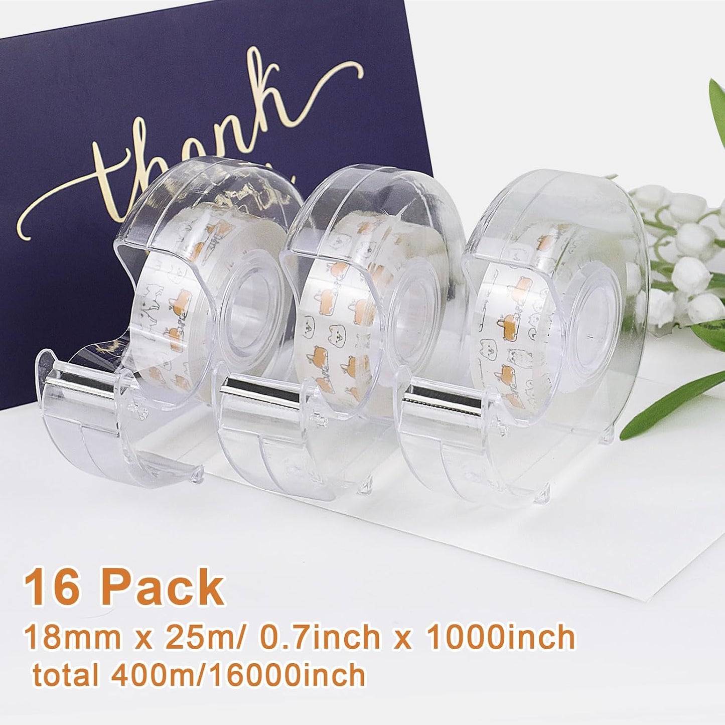 BOMEI PACK Office Transparent Tape with Dispenser, 16PACK Clear Refill Rolls Gift Wrap Tape Dispenser, 3/4in x 1000in