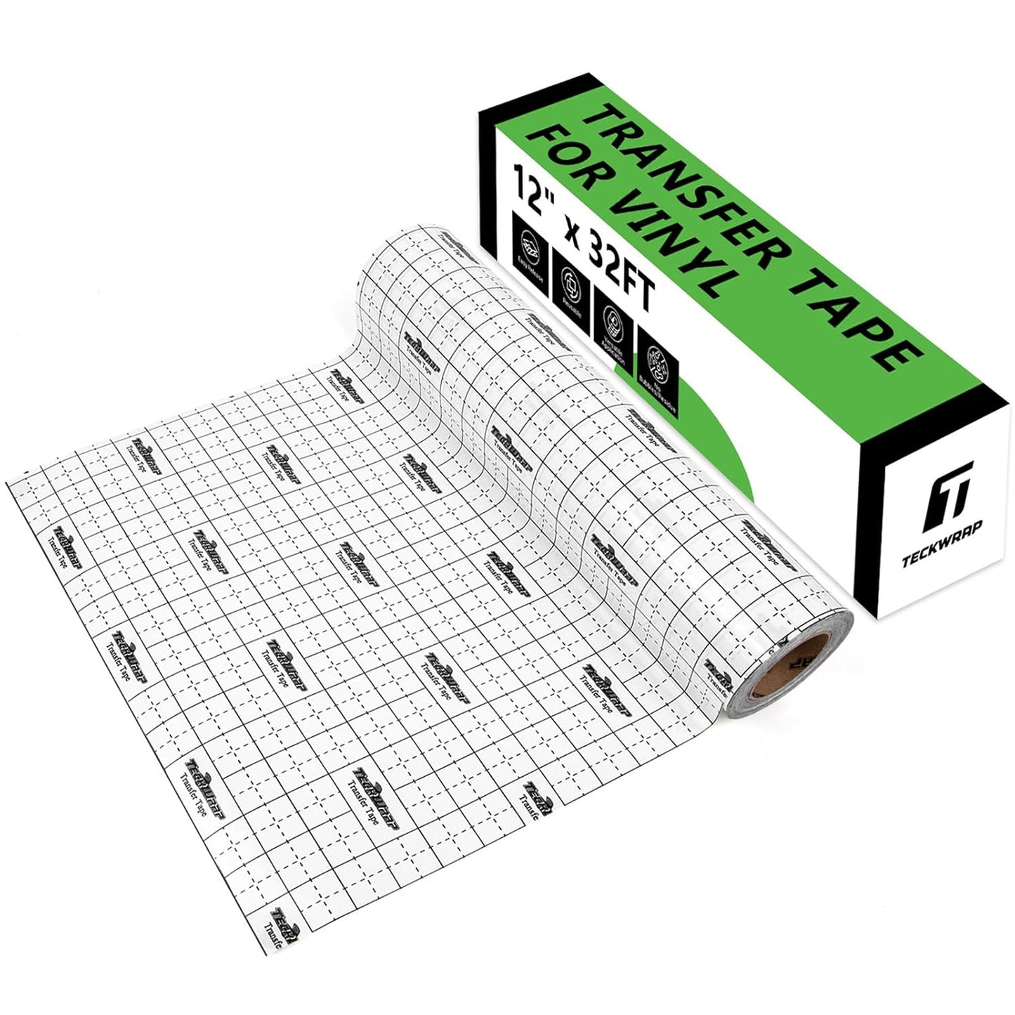 TECKWRAP Transfer Tape for Vinyl - 12" x 32FT Vinyl Transfer Paper for Permanent Vinyl, Stickers, Decals, Signs, Windows, Alignment Grid & Clear