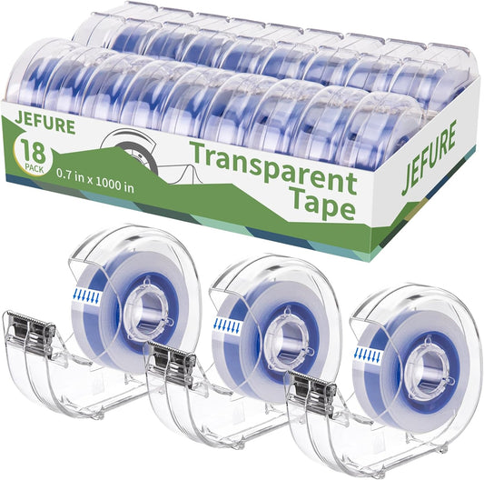18 Pcs Transparent Tape with Dispenser, 0.7 x 1000 in Blue Core Clear Tape Rolls Bulk, Office Tape Refills for Desk, Craft, and Gift Wrapping