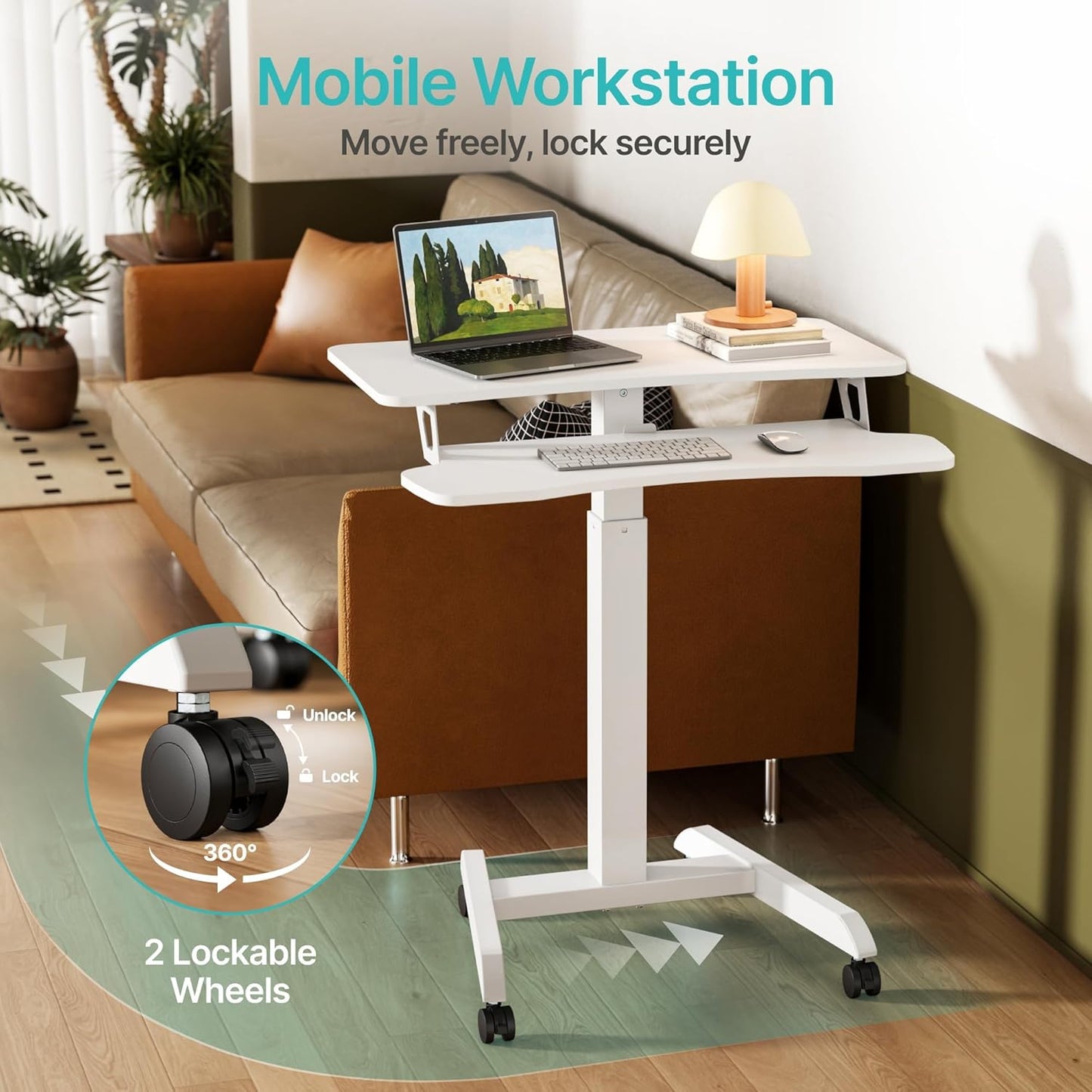 Standing Rolling Desk-Height Adjsutable up to 47.2' Rolling Podium for Teachers, 31.2'× 27.5' Dual Tier Sanding Desk for Classroom, Moveable Laptop Cart, Teacher Podium with Wheels, White