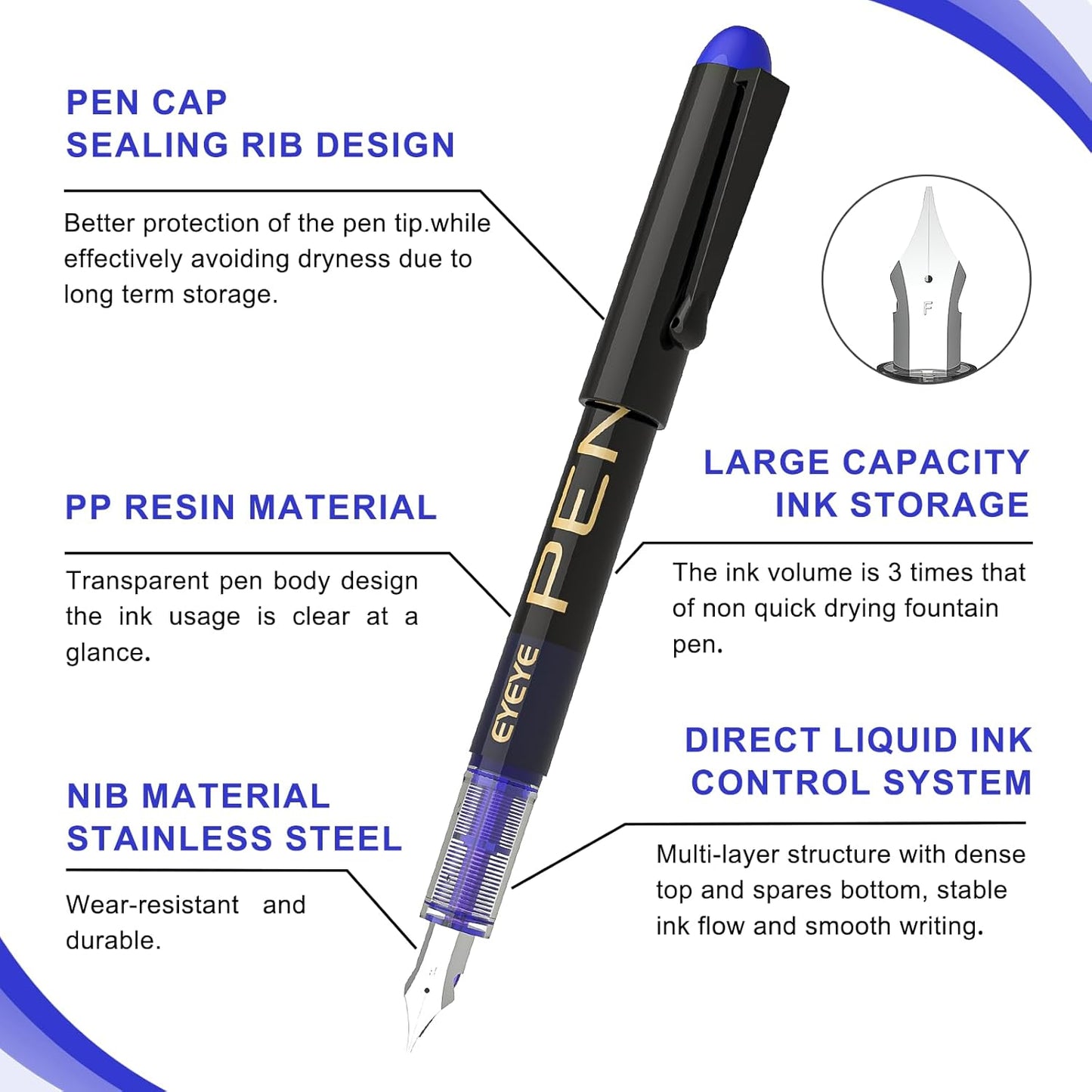 EYEYE Fountain Pens for Writing, 8 Pack Blue Fine Point Pens Disposable Fountain Pens Stainless Steel Nib, Smooth Writing for Journaling, Drafting, Sketching, Doodling & Office Supplies