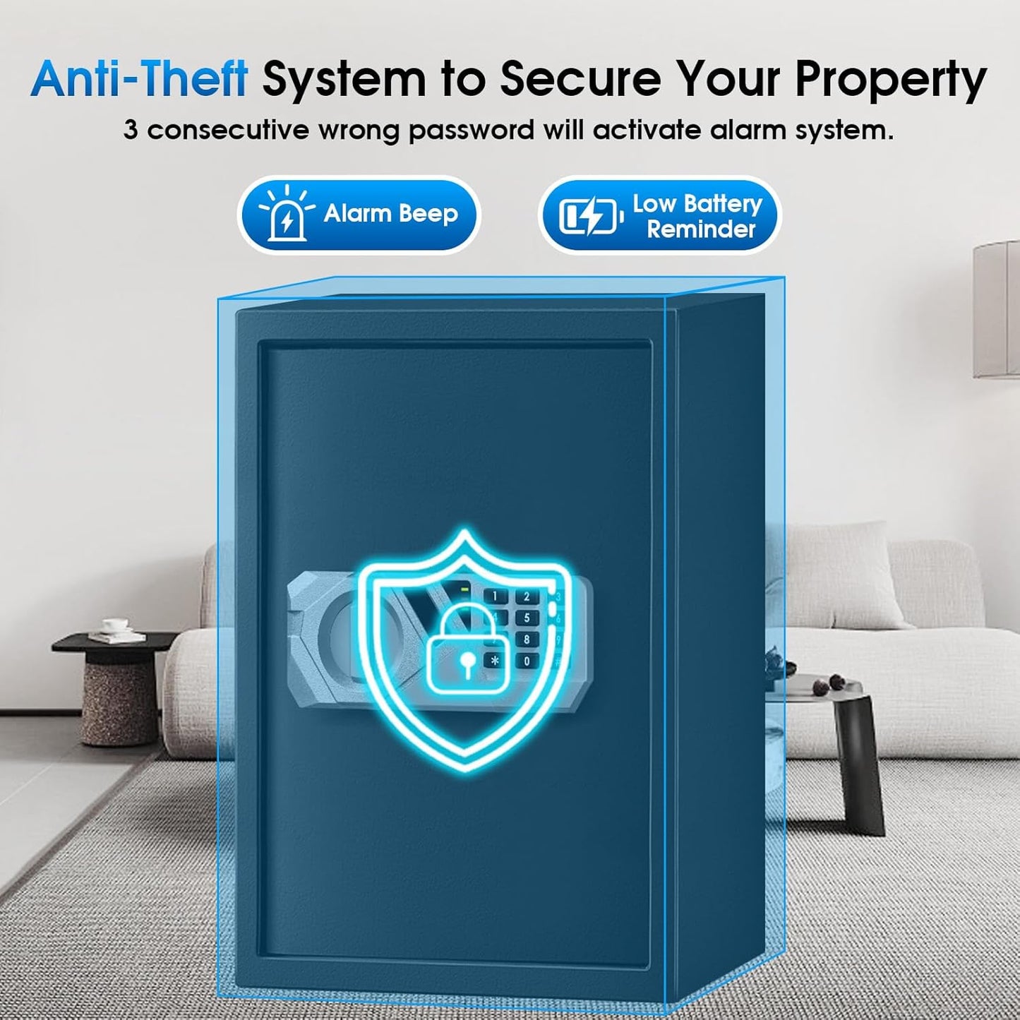 2.2 Cu Ft Fireproof Home Safe Box - Digital Electronic Keypad, Steel Security Combination Lock Box with Removable Shelf, Emergency USB-C Cable, Safety Box for Document Money Jewelry Handgun