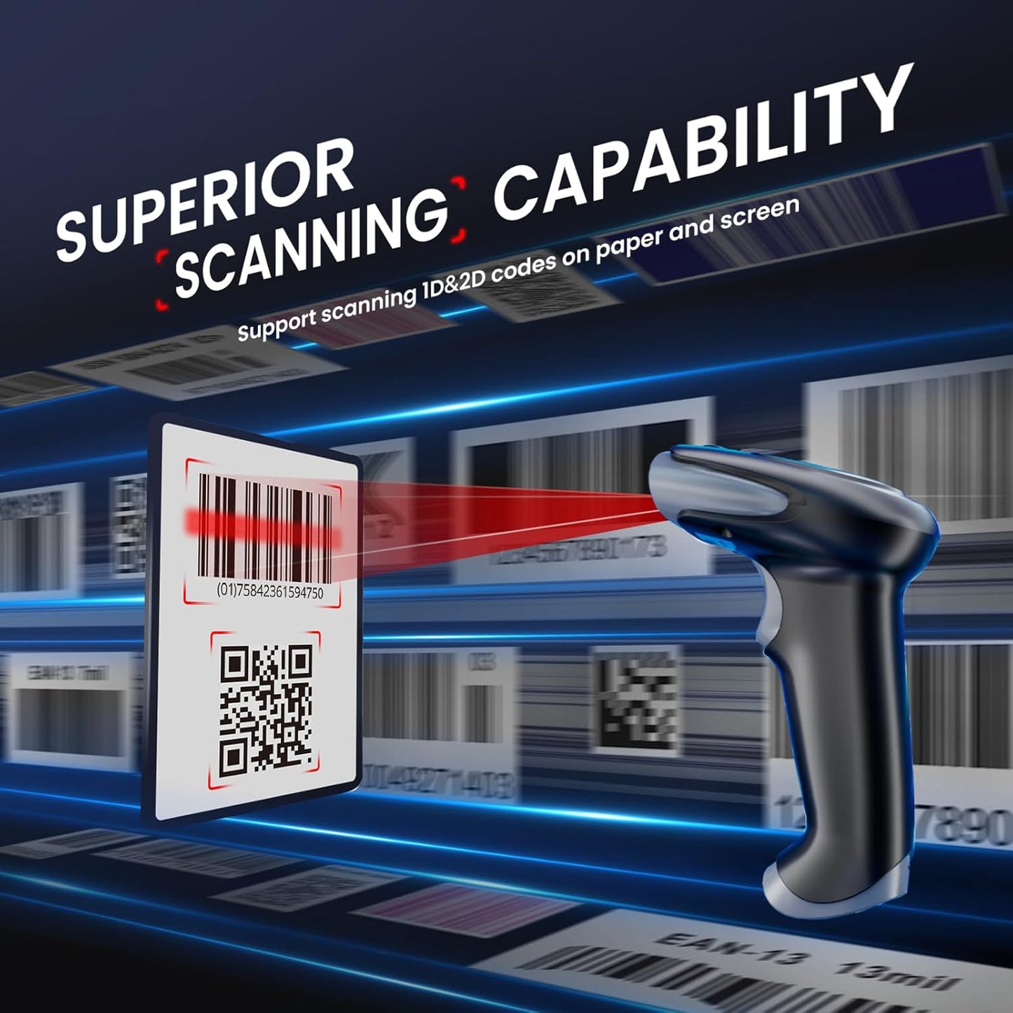 Eyoyo 2D Wireless Barcode Scanner: Handheld Cordless & USB Wired 1D UPC QR Code Scanner for Library, Retail Store, Book, Warehouse - Fast Screen & Printed Bar Code Reader for Computer Laptop POS PC