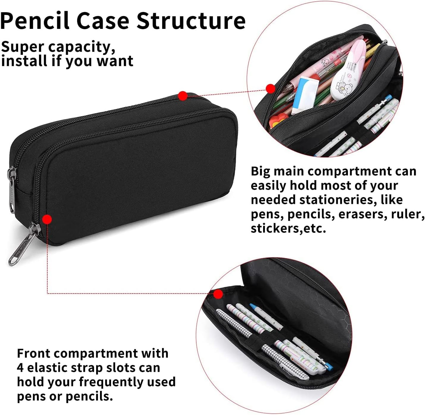 Della Gao Pencil Case Large Capacity Pencil Pouch Aesthetic Pencil Box for Office Stationery Organizer, Simple Sturdy Multifunctional Pencil Bag for Men - Black