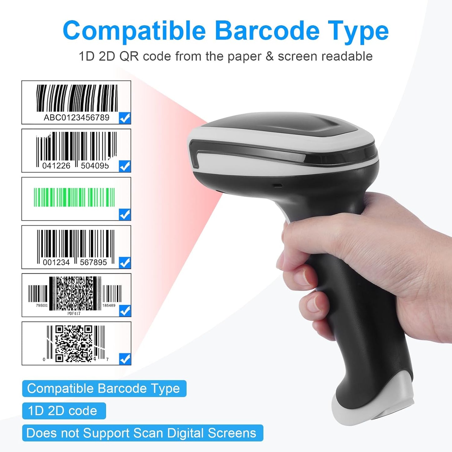 2D Barcode Scanner Wireless, Bluetooth QR Code Scanner Handheld Bar Code Scanners with Stand 3 in 1 Bluetooth & 2.4G Wireless & USB Wired Connection 1D&PDF417 Data Matrix Automatic Barcode Reader