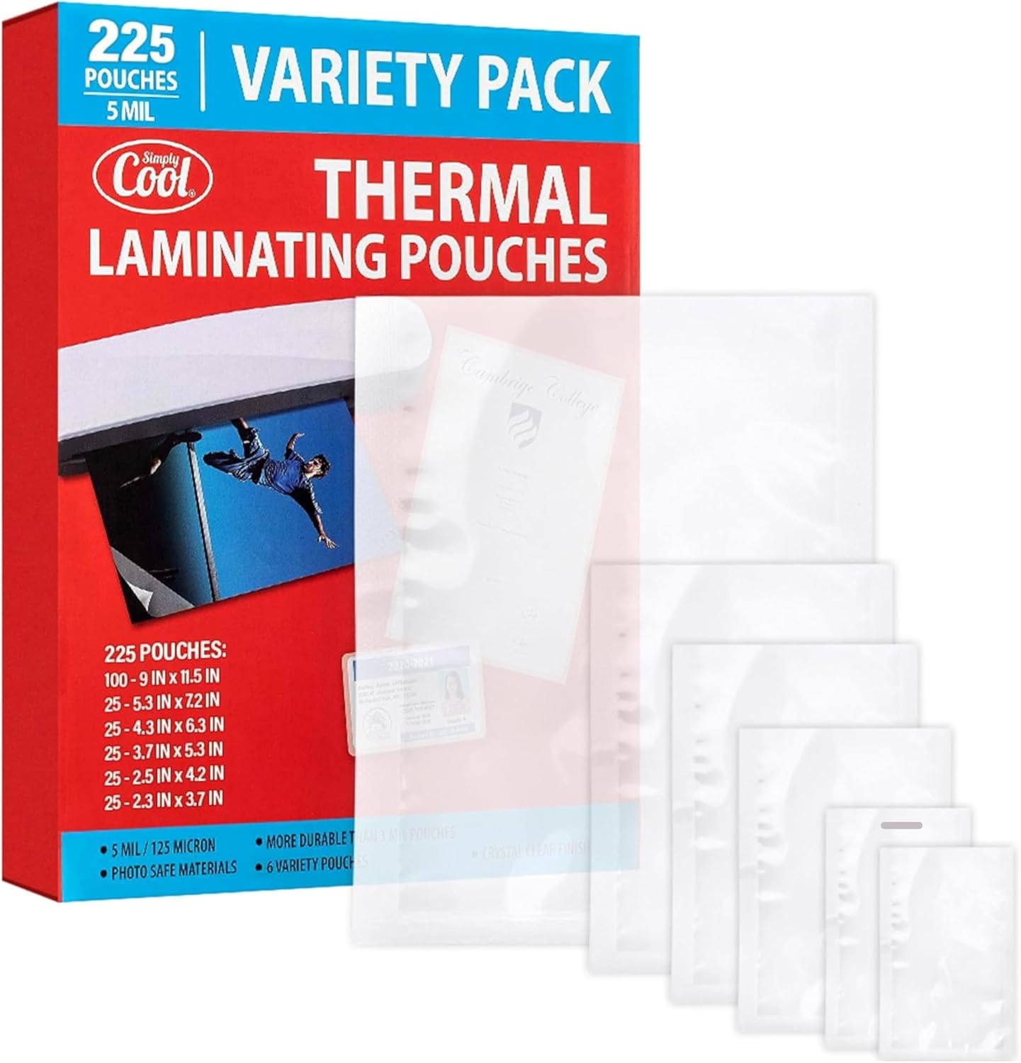 5MIL Thermal Laminating Sheets (225 Count) Letter, Photo, Card, Notecard, ID Badge and Business Card Sizes, Laminating Pouches, Compatible with Laminators, Crystal Clear Laminated Finish