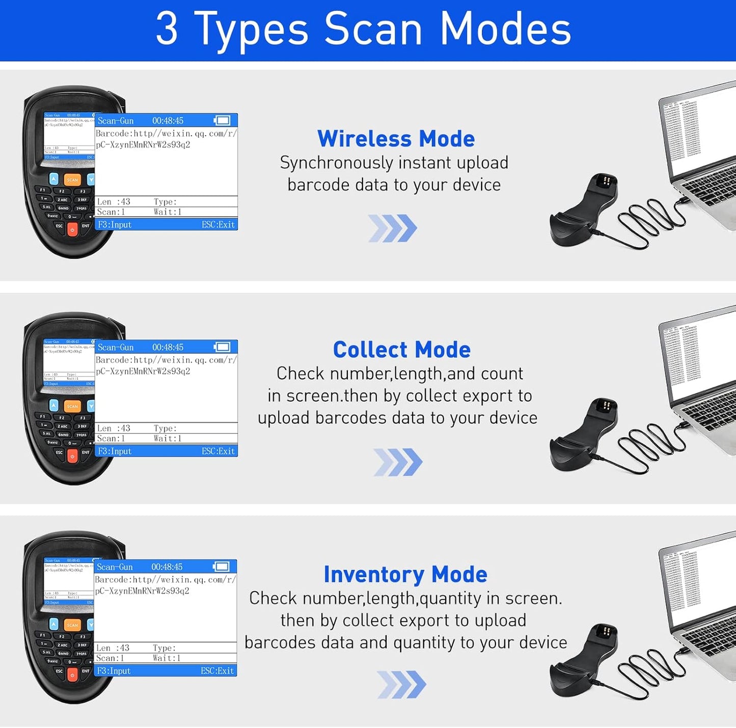 Inventory Scanner Wireless, 1D Barcode Scanner with Charging Base Barcode Reader Inventory Data Terminal Data Collector 2 in 1 USB Connection & 2.4G Wireless Bar Code Scanners with 2.2" Screen