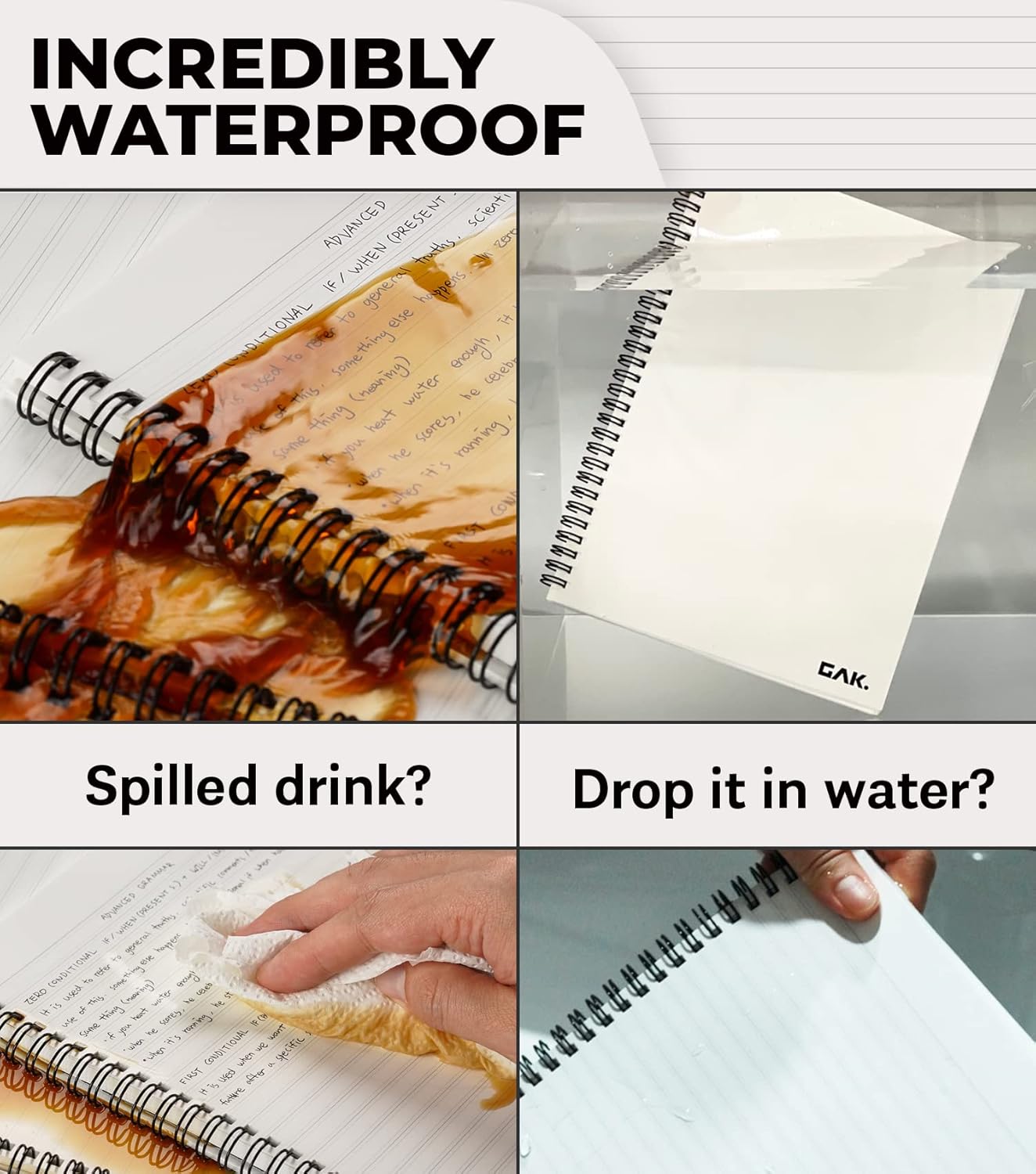 GAK. Stone Paper Waterproof Spiral Notebook, 7.20”x10.11”, 50 sheets, Durable Notebook, Eco-Friendly Mineral Stone Paper Notebook, Waterproof Notepad, Ruled, White