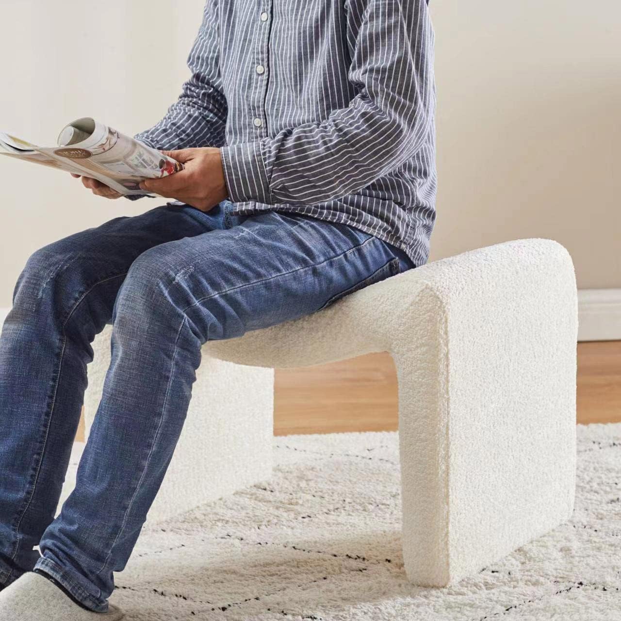 Modern Boucle Ottoman, Vanity Stool Chair, Foot Stool with Wooden Legs Sofa Bench Footstool Extra Seat for Vanity, Makeup Room, Living Room, Entryway, Set 2, White