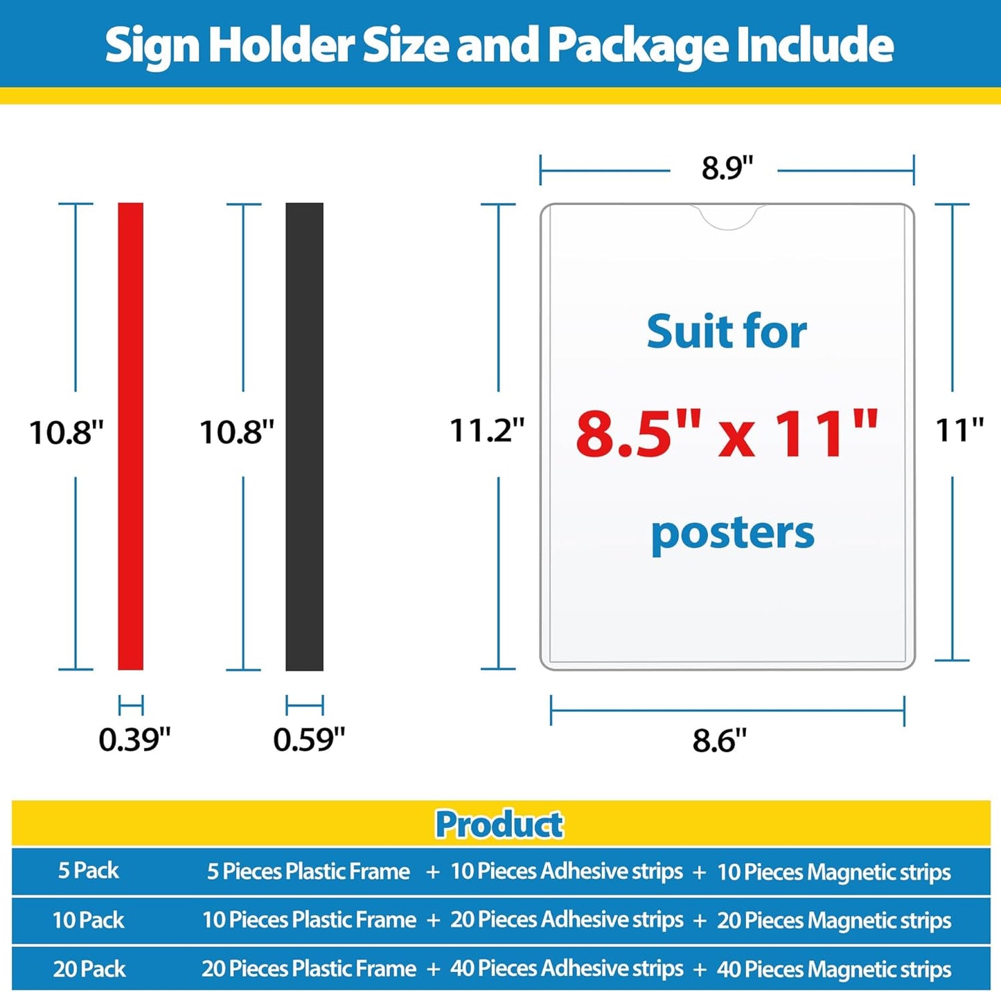 10 Pack Magnetic Sign Holder 8.5 x 11 - Plastic Wall Sign Holder with Magnet and Adhesive Tape - Magnetic Display Frame - Adhesive Plastic Frame Rigid Print Protectors Document Poster Holders