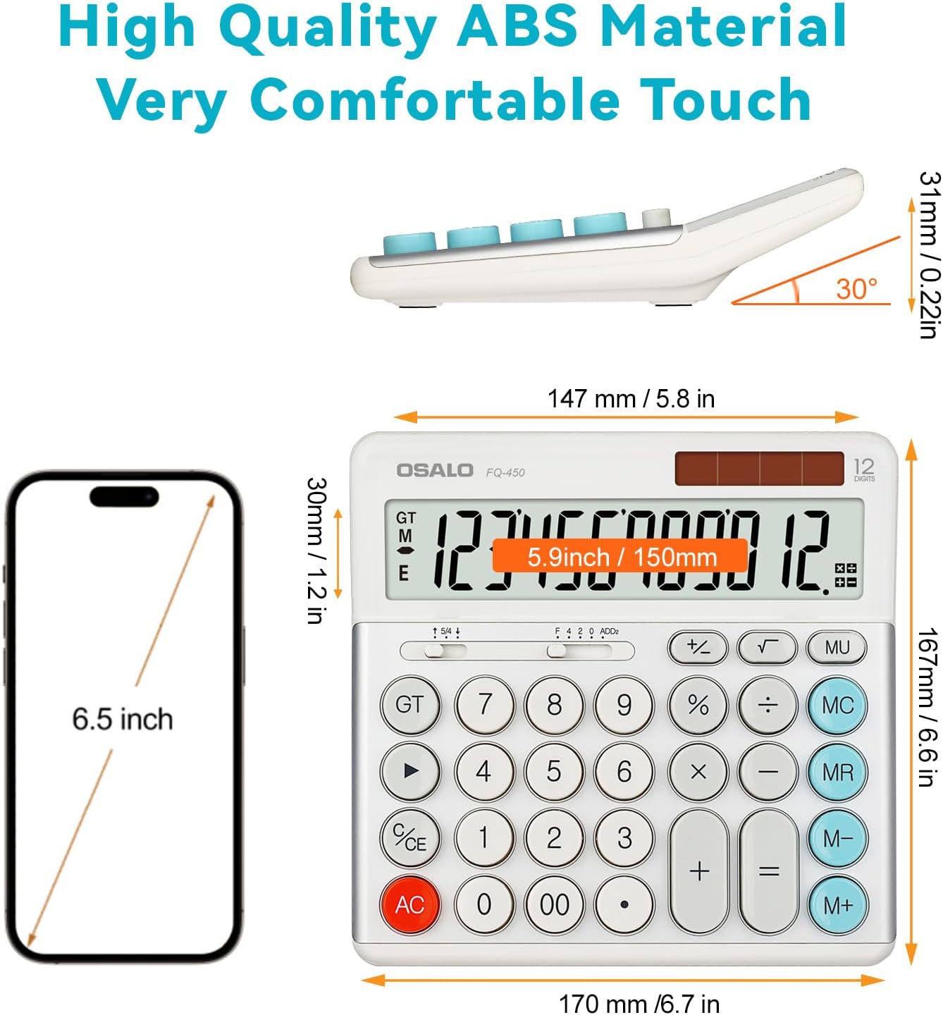 OSALO Desktop Calculator Extra Large Display 12-Digit Big Buttons Accounting Calculators Battery & Solar for Office Business (FQ-450 Extra Large)