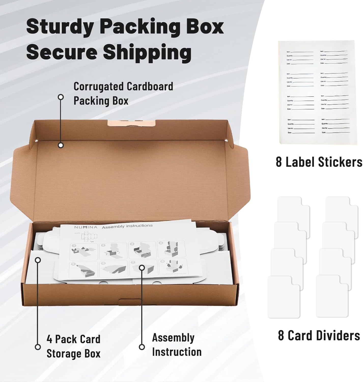 NUMINA 4 Pack 600 Card Storage Box Organizer for Trading Card Collection, Heavy Duty Sports Cardboard Box, Trading Gaming Cards Collection Box with Adjustable Dividers