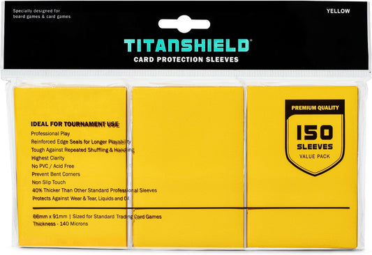 TitanShield (150 Sleeves, Yellow Compatible with Standard Sized Board Games, MTG Magic The Gathering, Lorcana, and Trading Card Sleeves Deck Protector 2.5" x 3.5" 66x91mm