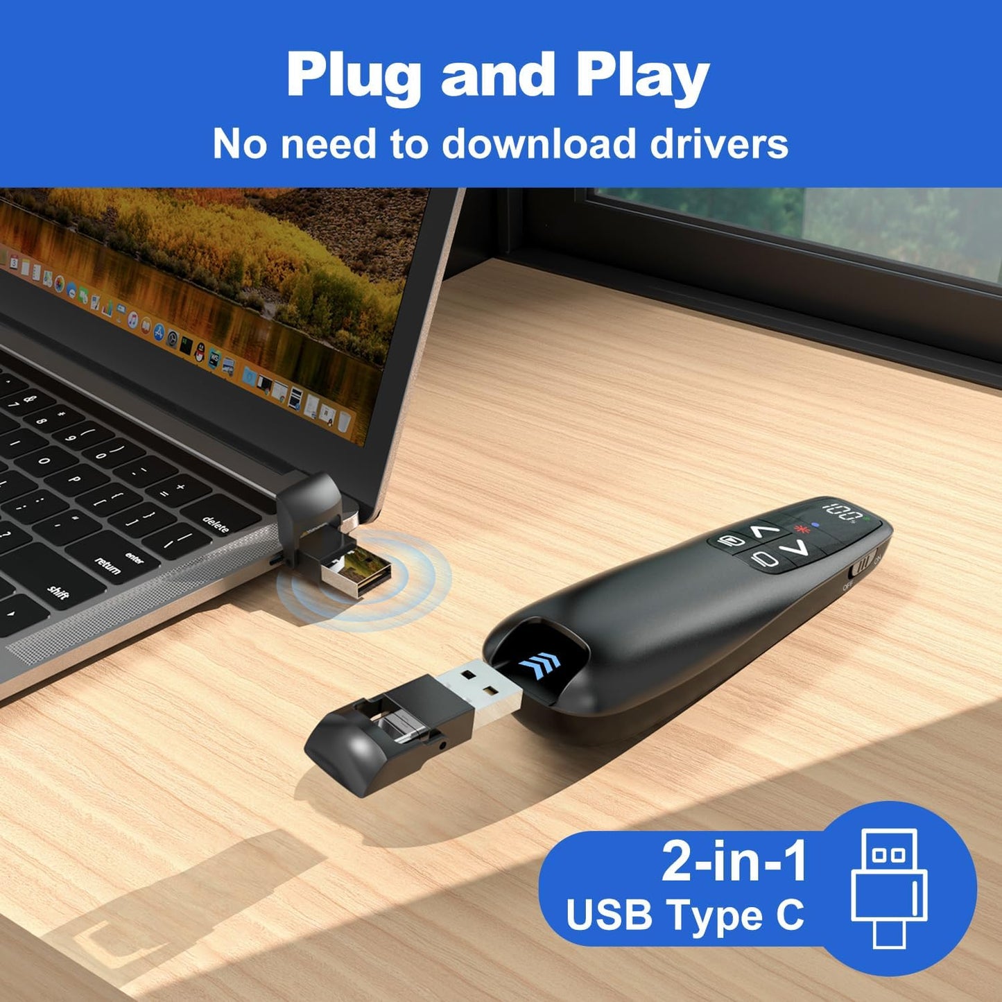 Rechargeable Presentation Clicker with Case, Power Digital Display Wireless Presenter Remote, USB C Red Light Pointer Computer PowerPoint PPT Clickers for Mac Laptop, Slideshow Google Slide Advancer