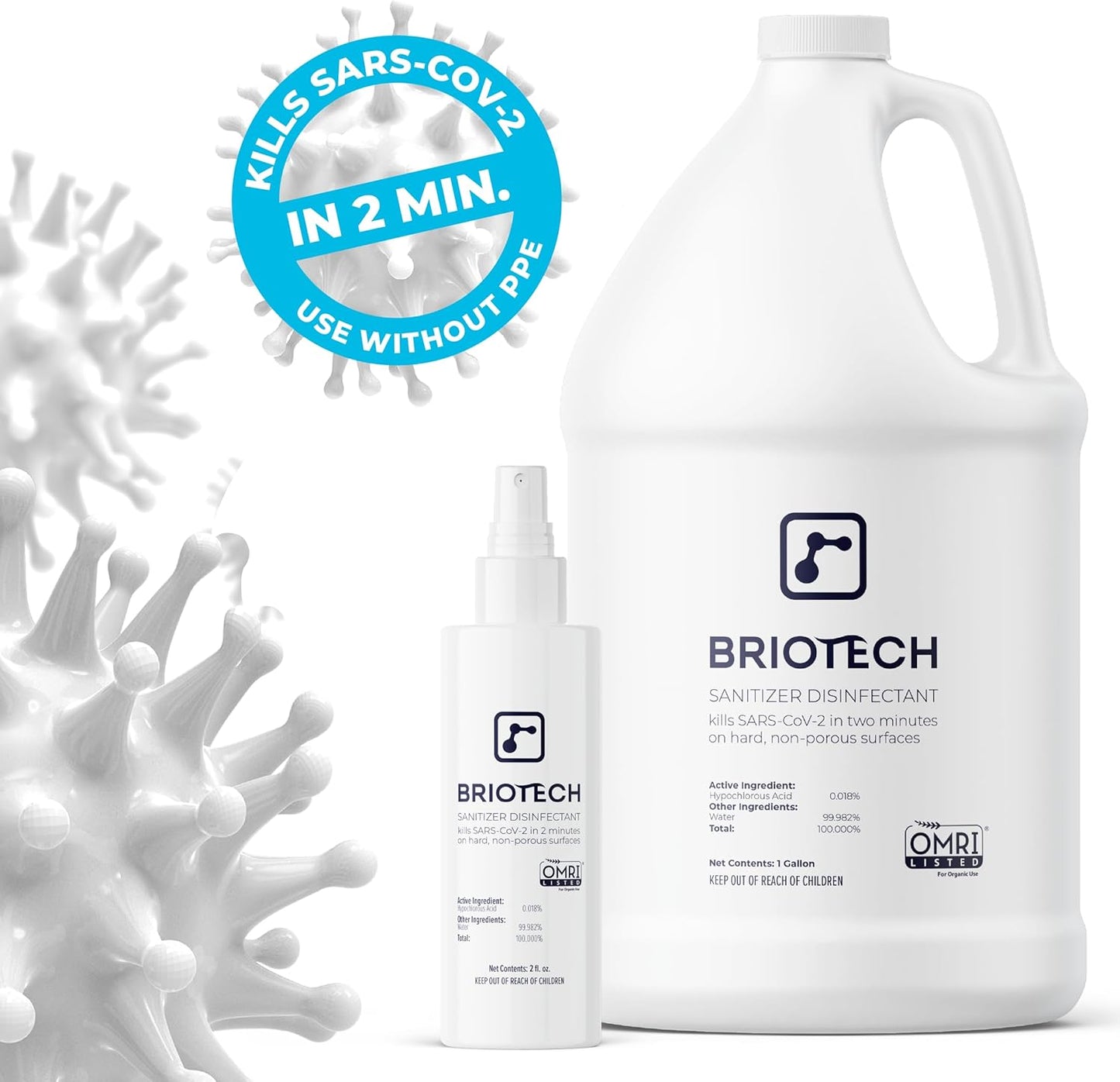 BRIOTECH Sanitizer Disinfectant Hypochlorous Spray, Kill 99.99% of Viruses & Bacteria, Control Mold, Eliminate Odor, Gentle for Nurseries, Food Contact Surface Sanitizer, 2 fl oz Travel Size
