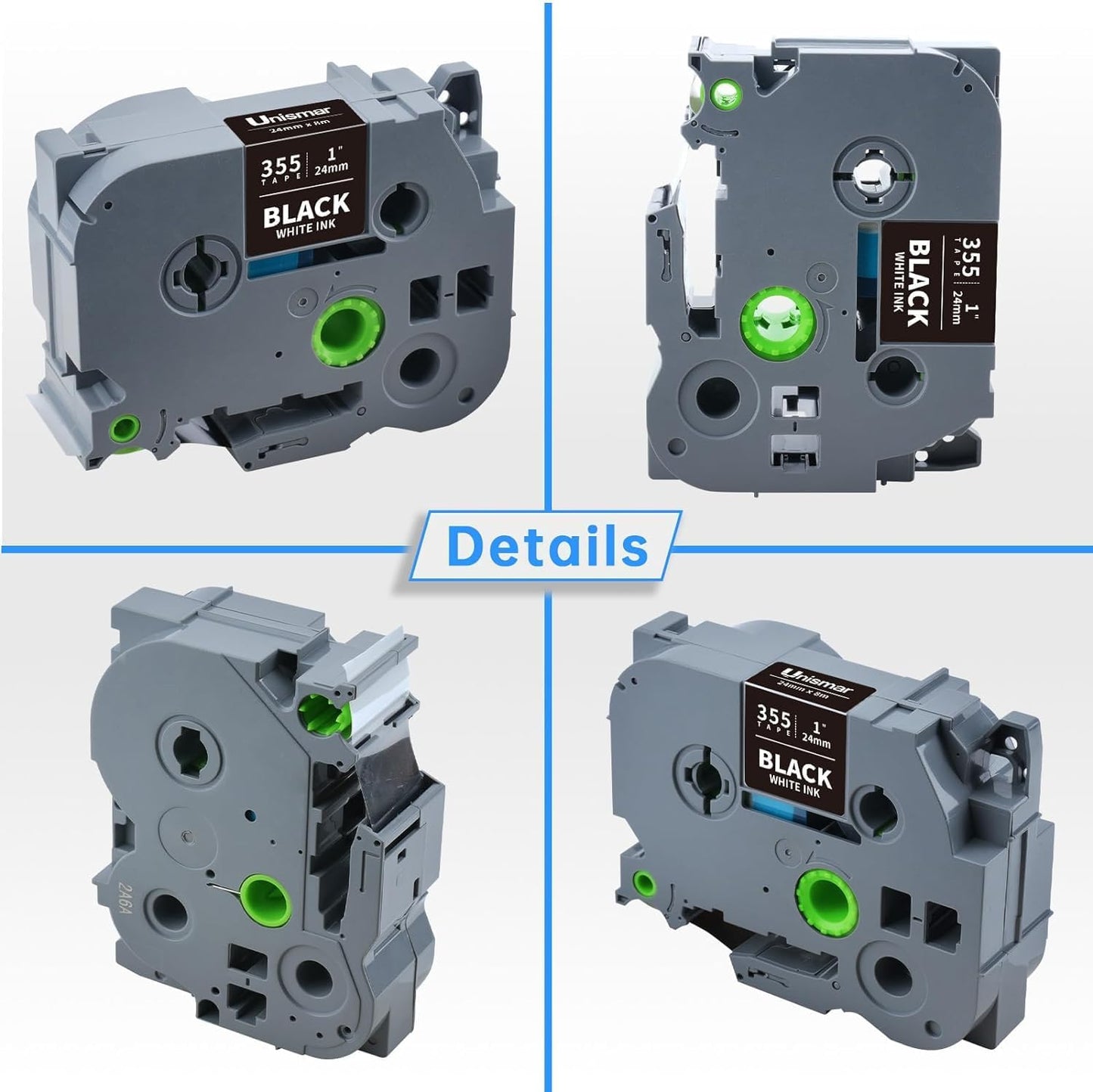 Unismar TZe-355 Compatible for Brother Ptouch 24mm 0.94 Laminated White on Black Label Tape TZ355 TZ Tape Work for PTD600 PT-P700 PT-2430PC PT-D600VP PT-D800W PT-P900W Label Maker, 1'' x 26.2', 4-Pack