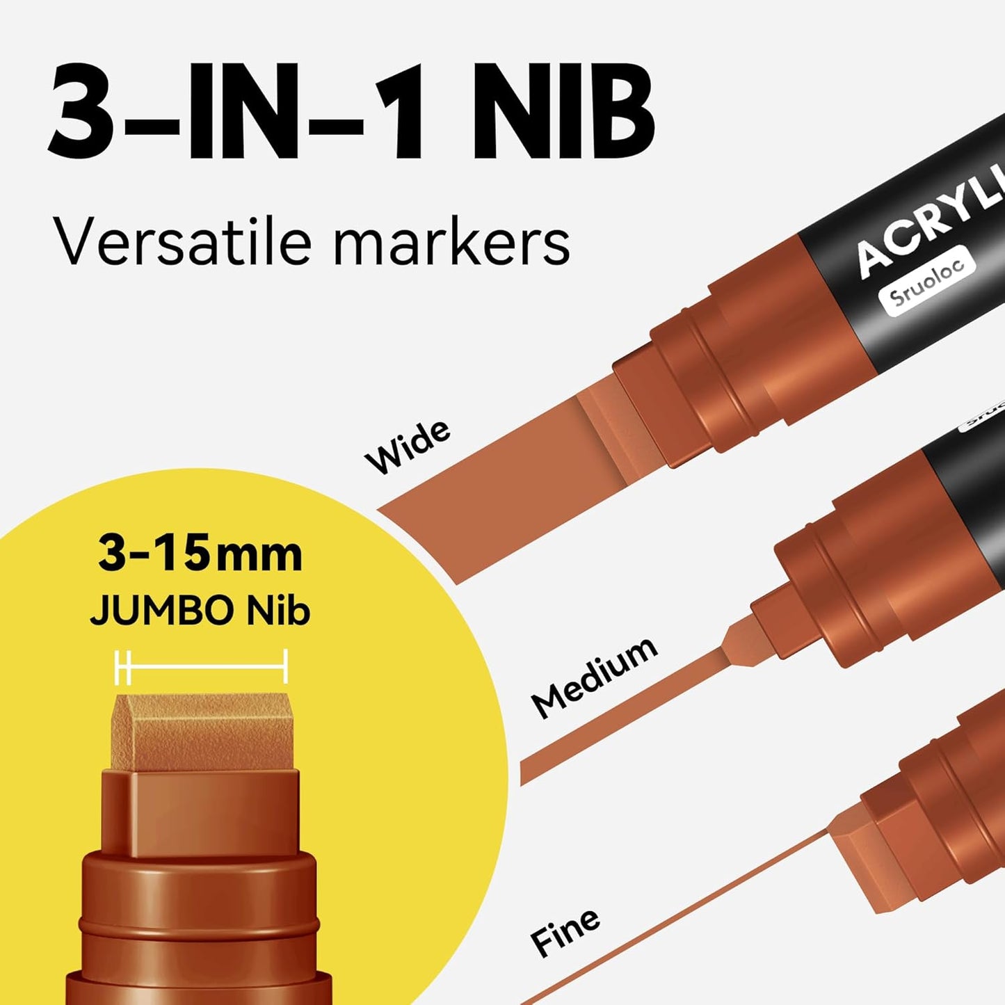 3 Jumbo Permanent Markers Coffee Colors, 15mm Thick Wide Tip, Large Acrylic Paint Markers for Rock Painting, Poster, Graffiti, Stone, Ceramic, Glass, Wood, Canvas