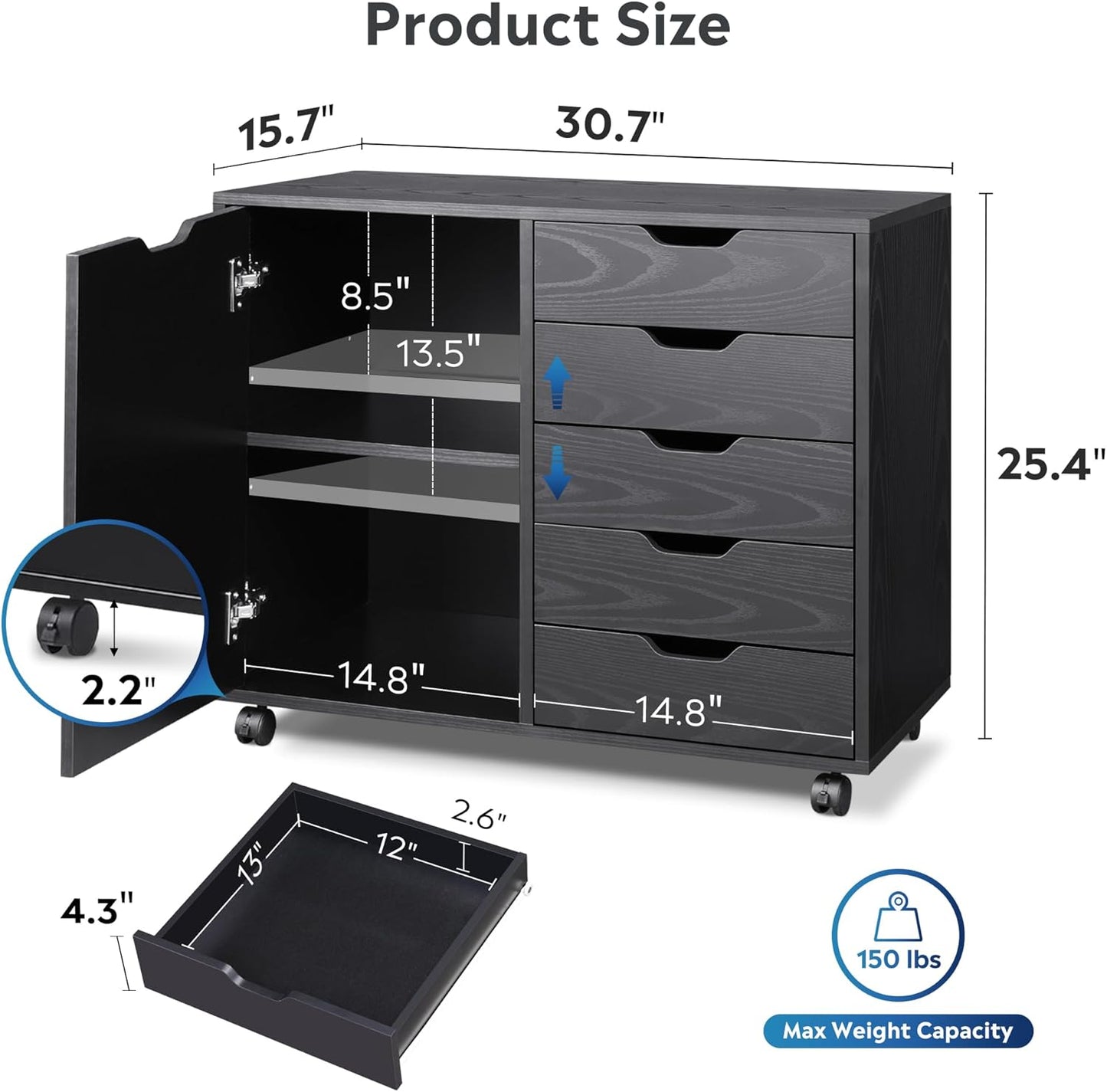 DEVAISE 5-Drawer Wood Dresser Chest with Door, Mobile Storage Cabinet, Printer Stand for Home Office, Black