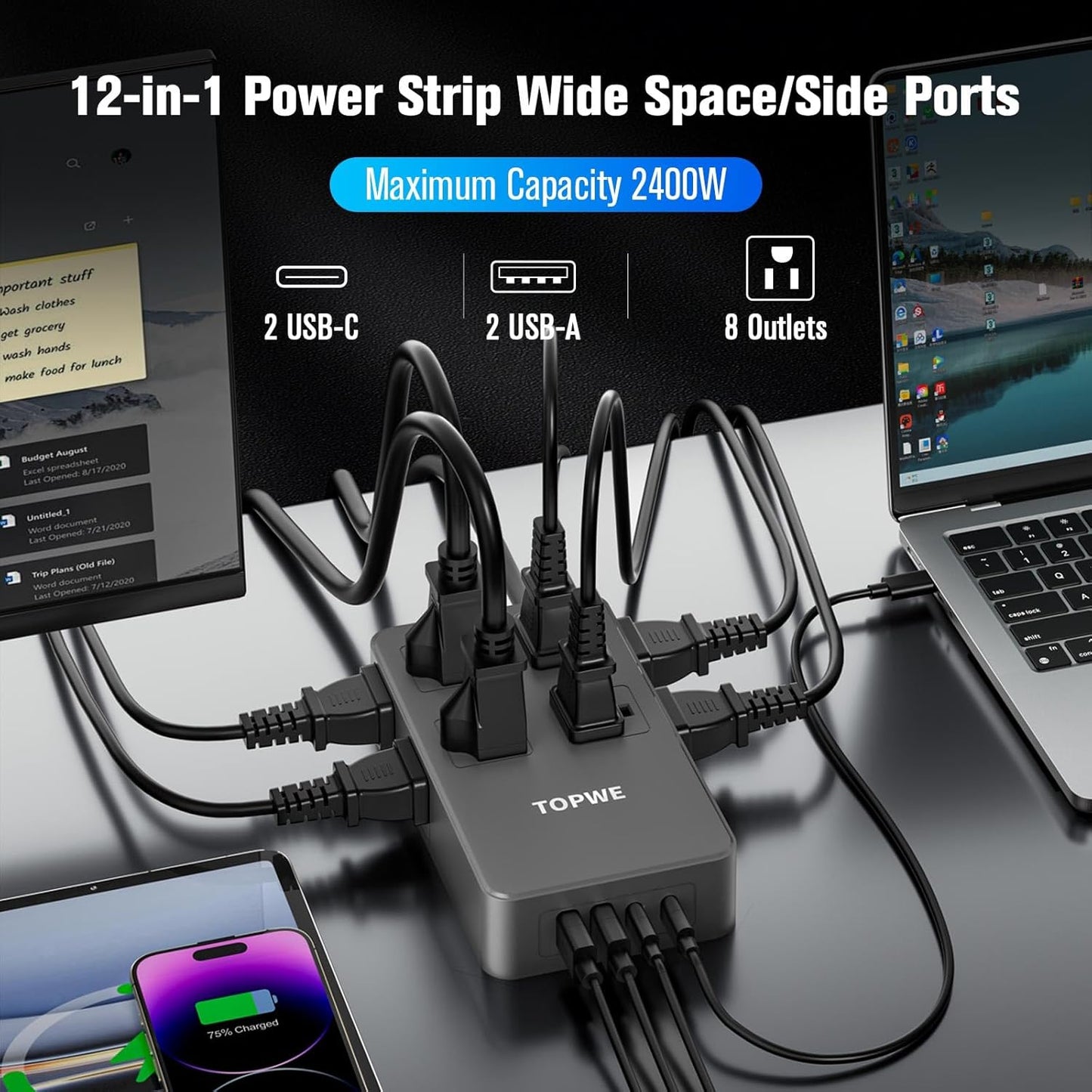 Power Strip Surge Protector with Multiple Outlets, Charging Station(100W Max), Flat Plug Extension Cord 10 Ft Long Cord, 8 Outlets & 4 USB Ports (2 USB C), Desk Charging Station for Home Office