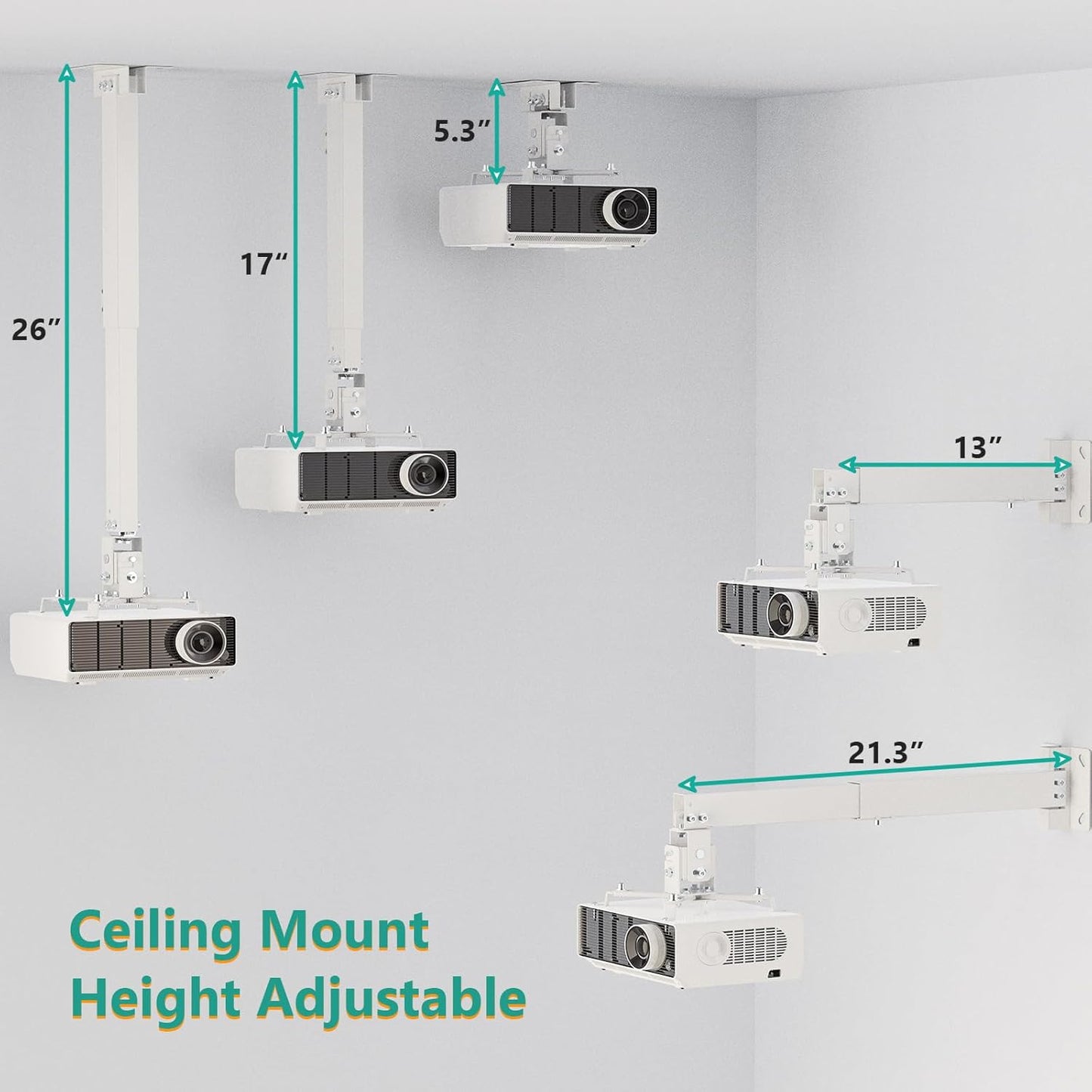 WALI Projector Mount Ceiling/Wall - Universal 3-in-1 Bracket with Extension Pole, Height Adjustable Holder for LCD/DLP Projectors, Supports up to 44lbs, White (PM-003-W)