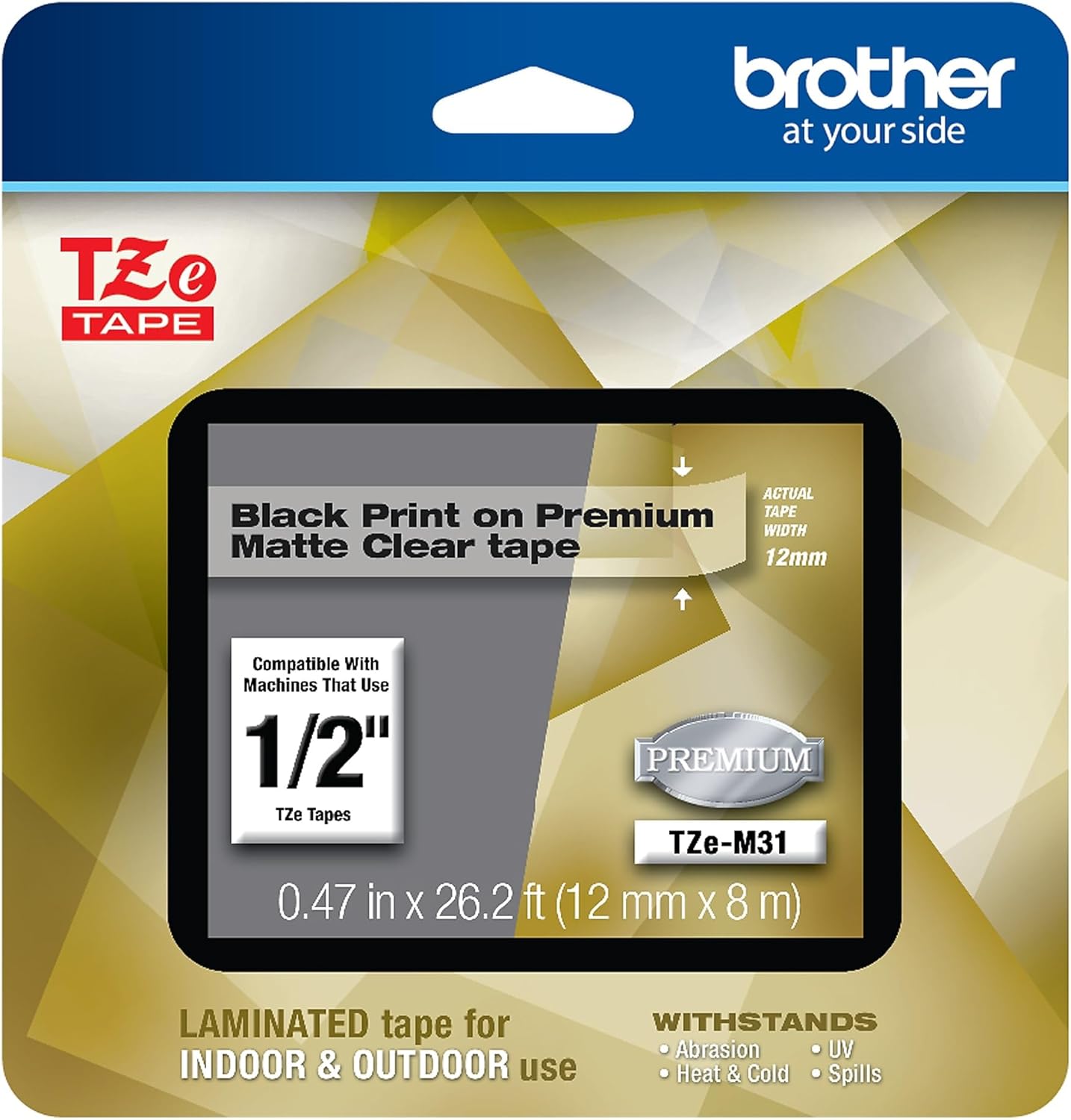 Brother P-touch TZe-M31 Black Print on Premium Matte Clear Laminated Tape 12mm (0.47”) wide x 8m (26.2’) long, TZEM31