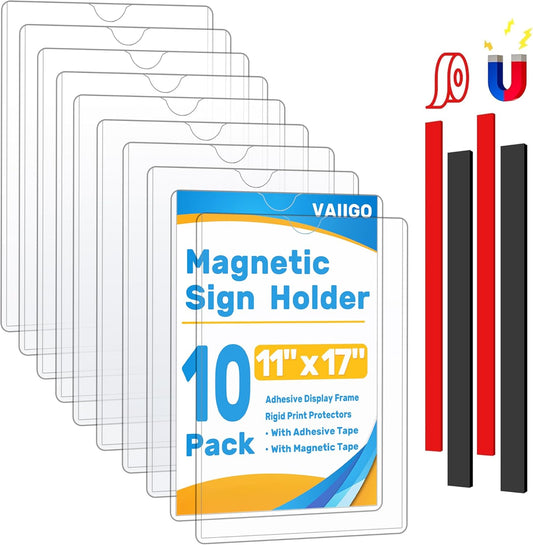 Magnetic Frames 11 x 17 Sign Holder Wall Mount 10 Pack, Rigid Clear Plastic Sign Holder with Magnet & Adhesive, Door Paper Holder for Refrigerator, Locker, Metal, Whiteboards, Windows