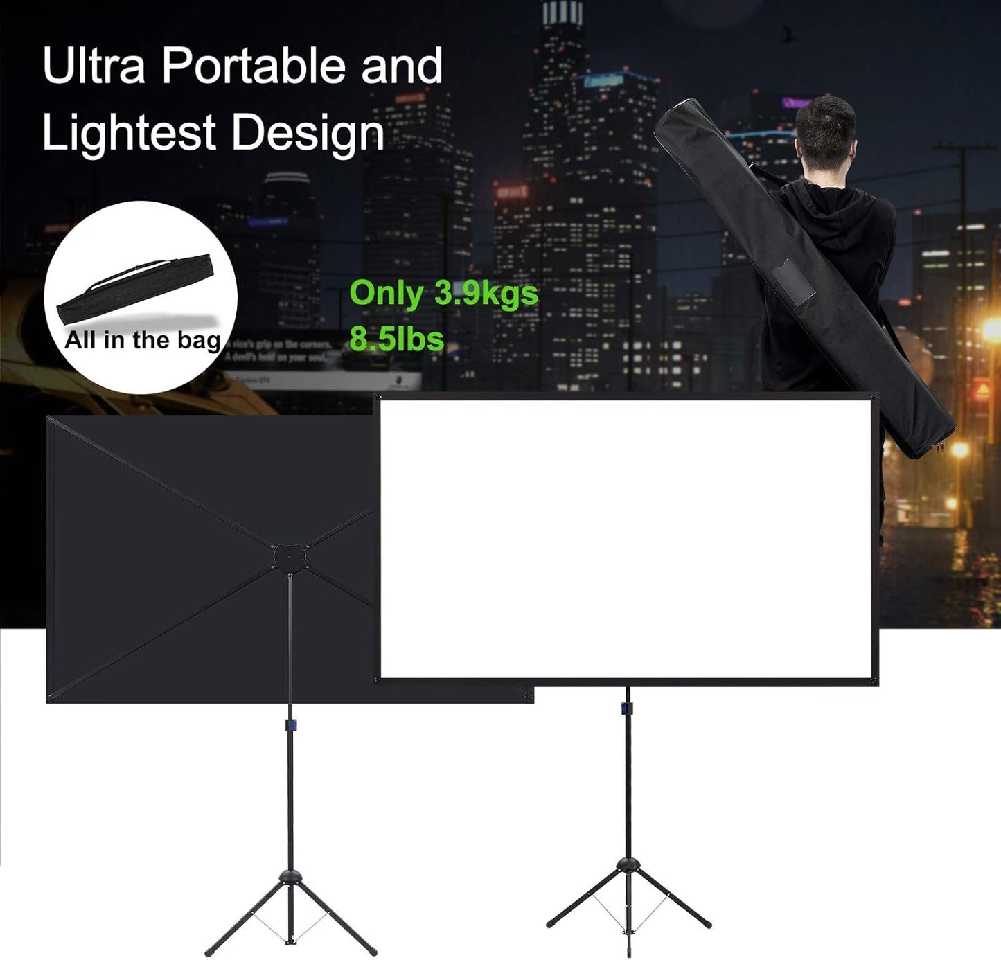 Projector Screen with Stand, Portable Projector Screen and Stand, 60 Inch 16:9, Outdoor Projection Screen, Aluminium Frame, Lightweight and Compact, Easy Setup, Idea for Home Cinema, Backyard Party.