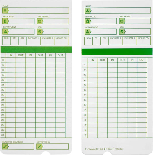 Zzrywuty All Pay Periods, 300 Count Time Cards for Hn3000, 2-Sided, 3 3/8" x 7 3/8", Green