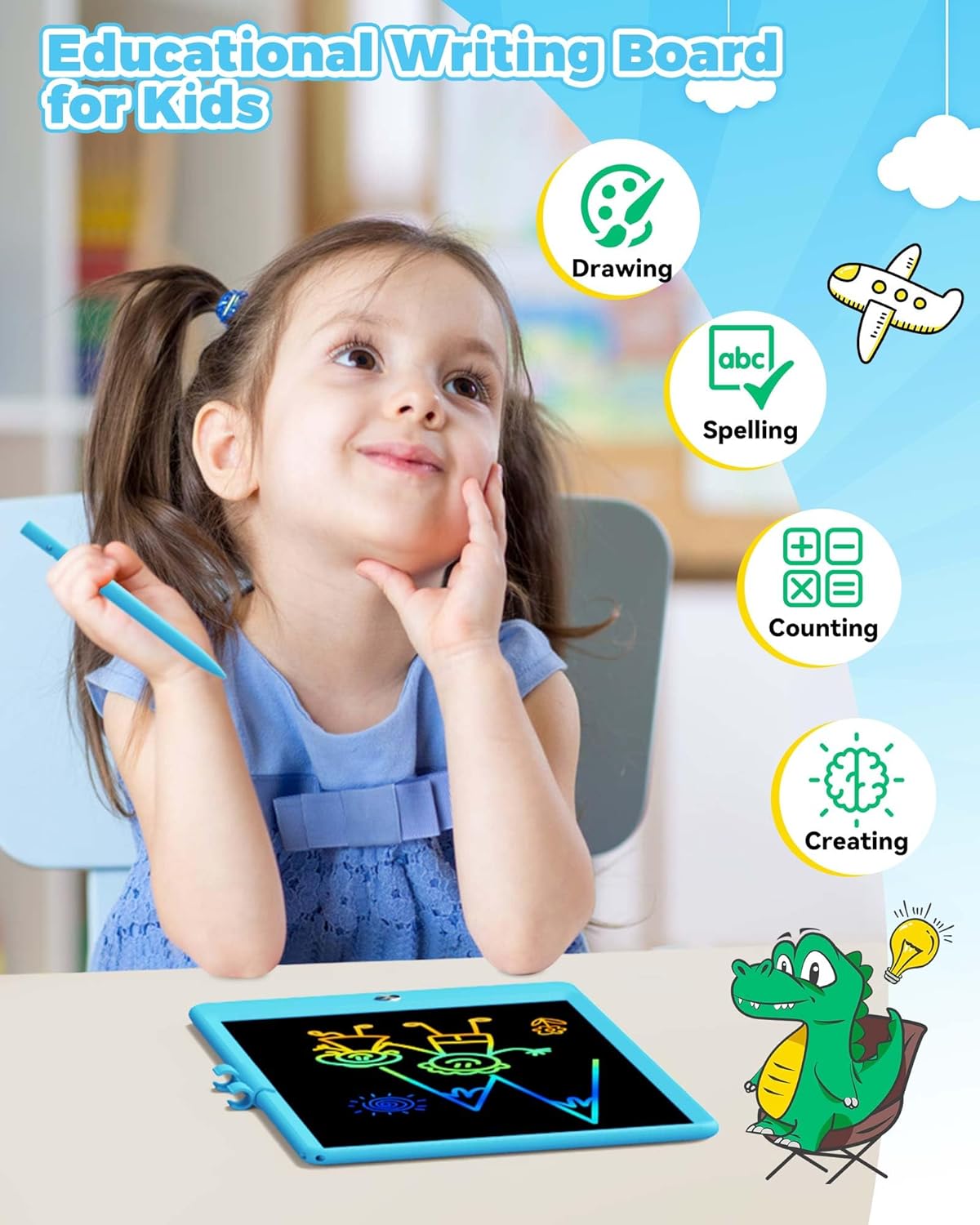 KOKODI 8.5 Inch LCD Writing Tablet with Anti-Lost Stylus, Erasable Doodle Board Colorful Toddler Drawing Pad, Car Travel School Games Toys for 3 4 5 6 7 8 Kids, Birthday Gift for Girls Boys Blue