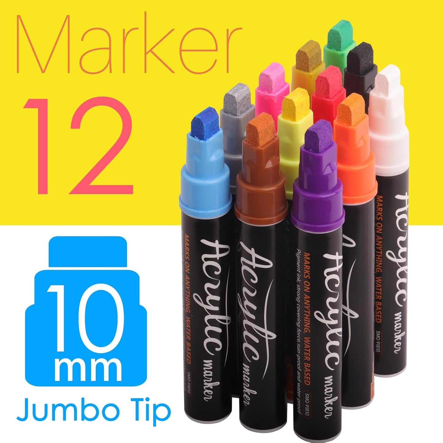VIANZE Jumbo 12Colors Markers, Acrylic Paint Pens, 10mm Felt Tip Jumbo Poster Markers,Waterproof and Permanent Paint Pens, for Rock Wood, Fabric, Ceramic,Posters Art Paintings