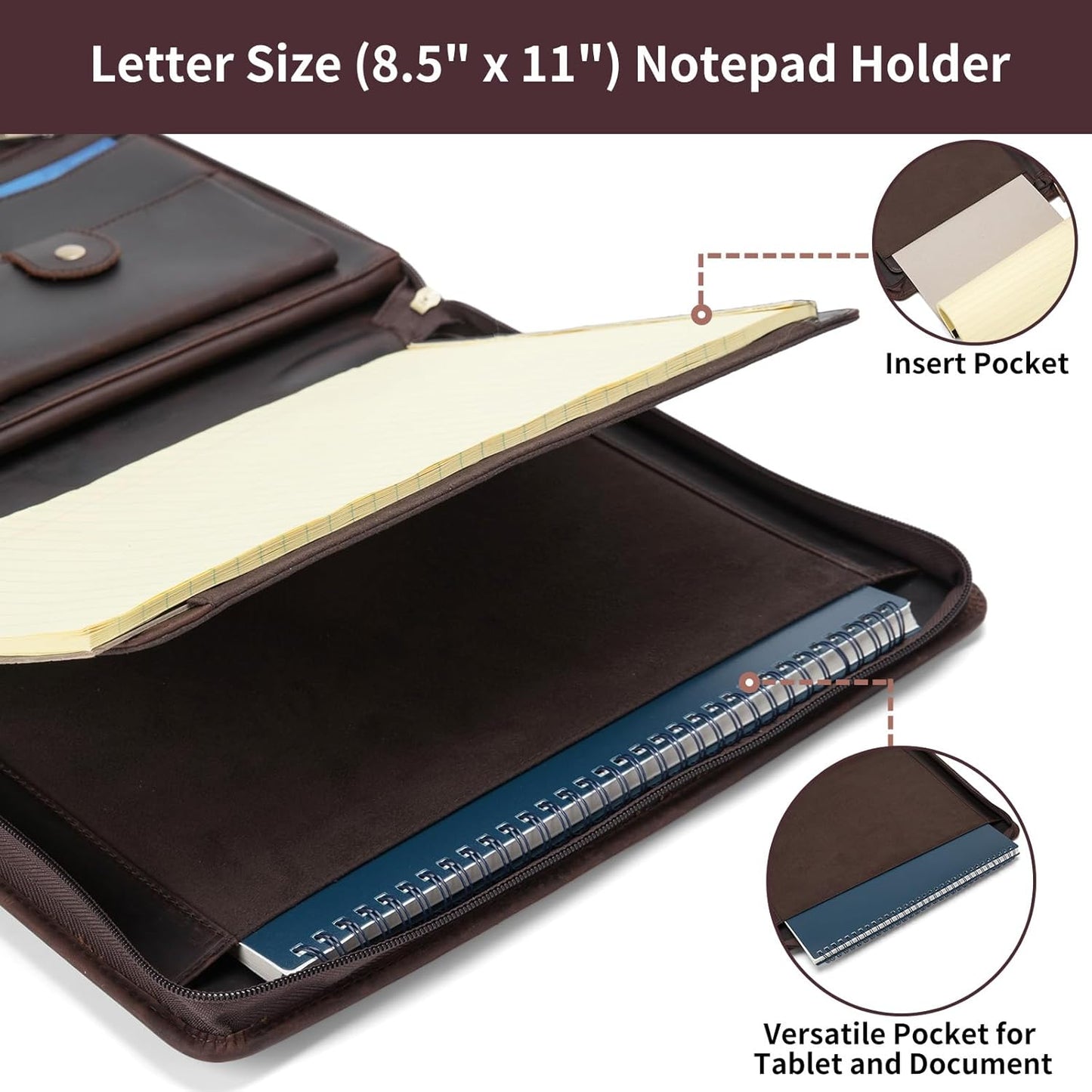 Personalized Genuine Leather Portfolio with Front Pocket for Men Women, Custom Engraved 8.5 x 11 Legal Pad Notepad Holder, Zippered Business Organizer, Professional Work Folder, Dark Brown