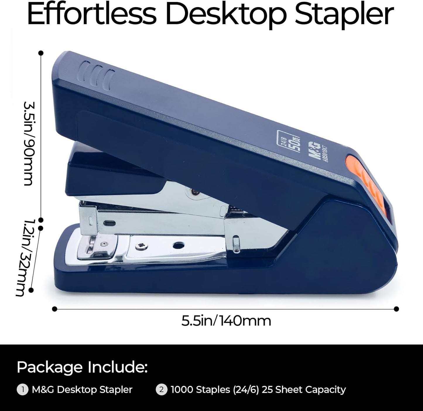 M&G Effortless Stapler 50 Sheet Capacity One-Touch Stapling, Heavy Duty Desktop Stapler Includes 1000 Staples and Remover, Portable Handheld Staplers for Home & Office (Dark Blue)