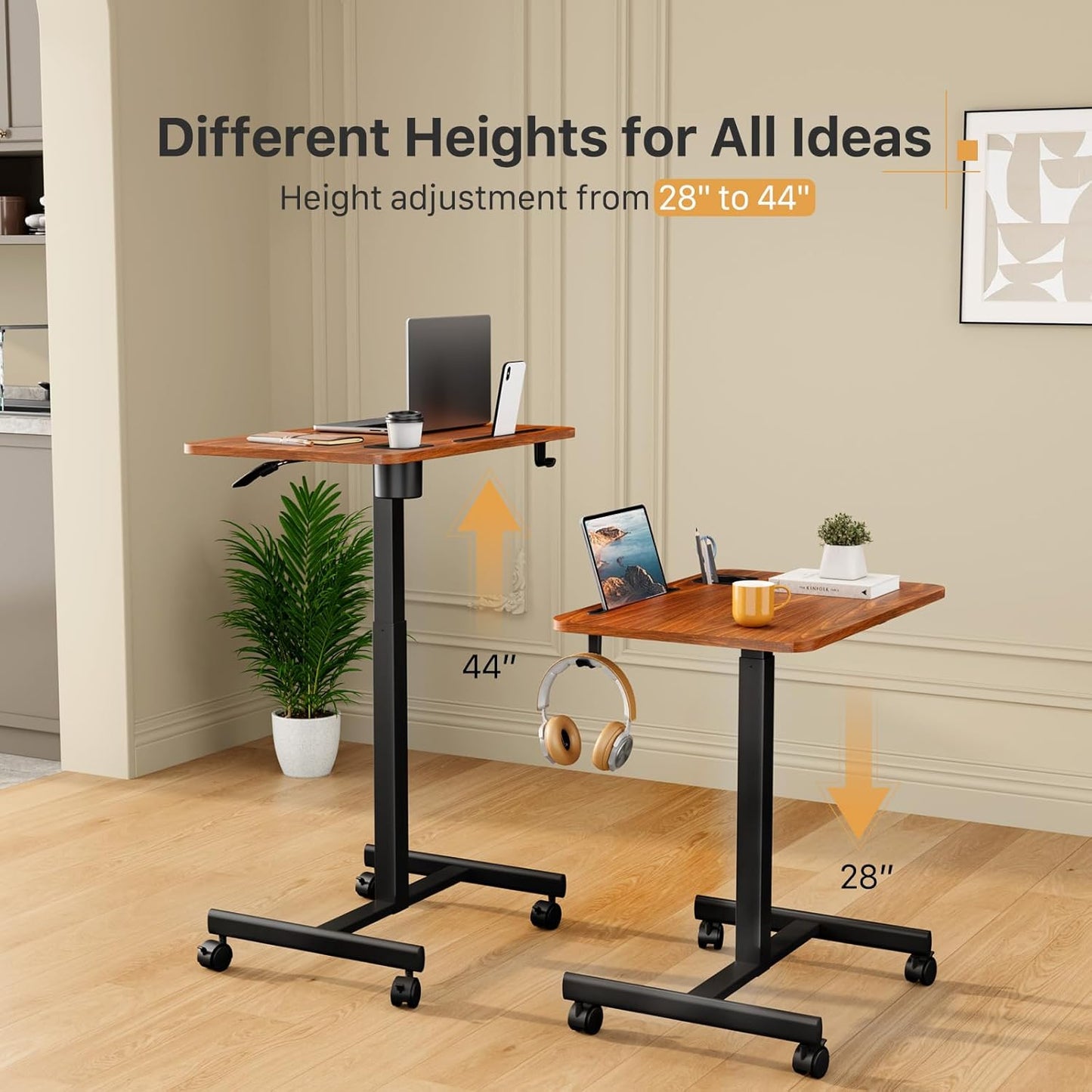 Mobile Standing Desk, Rolling Laptop Cart Adjustable Height with Cup Holder, 28 inch Portable Table with 4 Lockable Wheels, Walnut Computer Workstation with Hook and Slots for Home Office