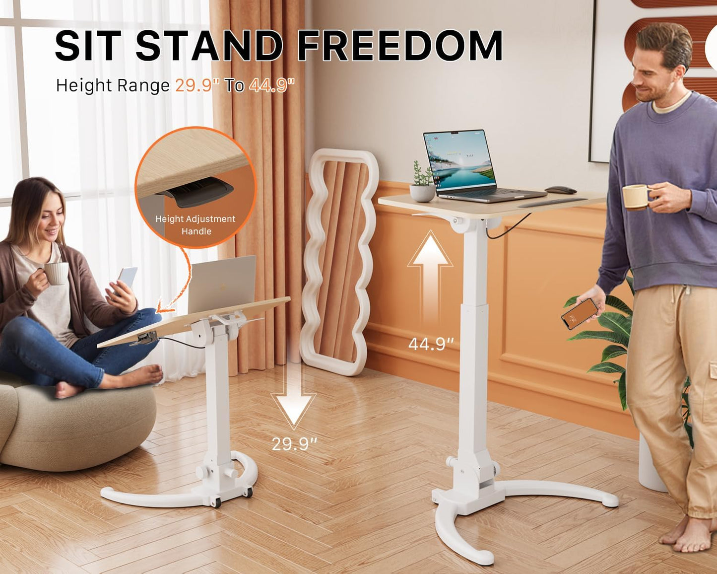 JOY worker Foldable Mobile Standing Desk, Pneumatic Height Adjustable Sit Stand Desk, 90° Tiltable Rolling Laptop Desk, Portable Cart with Wheels Non-Slip Mat for Home Office, Holds Up to 22lbs