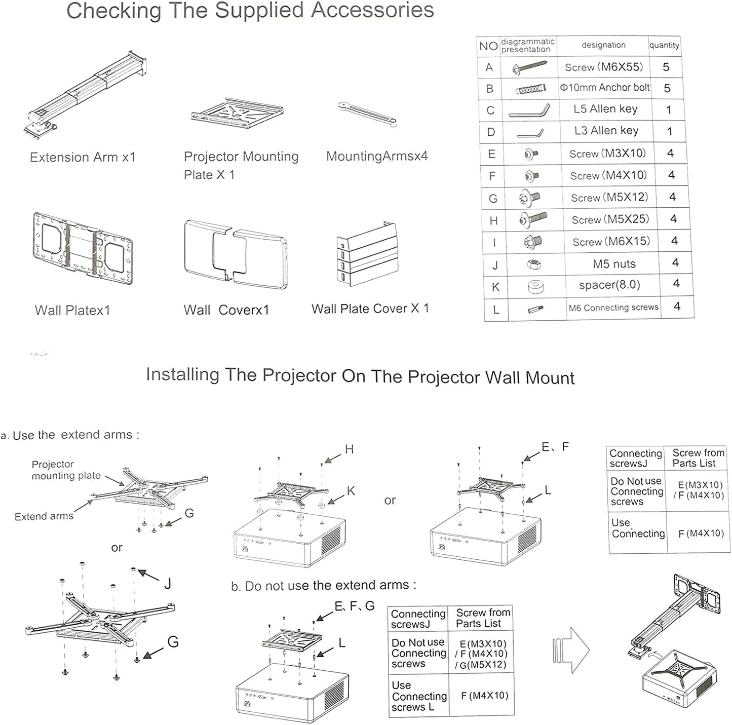 NC Projector Wall Mount with Universal mounting ,Telescopic Bracket Hanger,33lbs Load Capacity,High-Precision Adjustable: (12.8’’-29.13’’),white,(TYYZJ02)