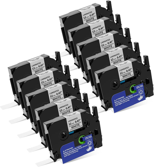 12mm 0.47 Laminated White Tape Tze Tz Label Compatible with Brother P-touch 1/2 Inch Black on White P Touch Label Maker TZe231 for PT-D210 1280 1750 PT-P300BT PT-P700BT Cube Plus Tape, 10-Pack