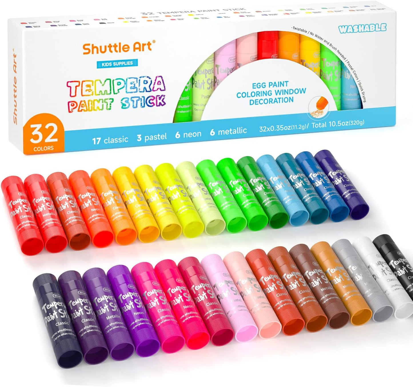 Shuttle Art Tempera Paint Sticks, 32 Colors Solid Tempera Paint for Kids, Super Quick Drying, No-Toxic, Works Great on Paper Wood Glass Ceramic Canvas