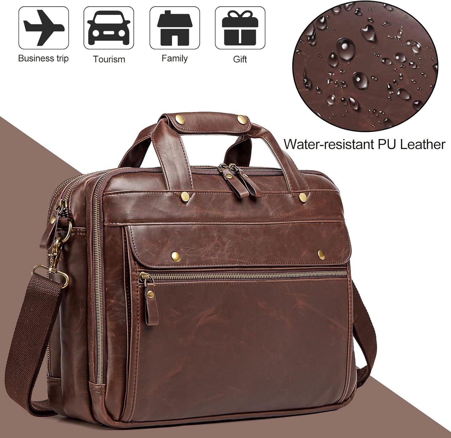 Leather Briefcases for Men 15.6 Inch Laptop Messenger Bag with Triple Compartments Water-Resistant Computer Shoulder Bag for Business, Travel, Work, Office, Brown