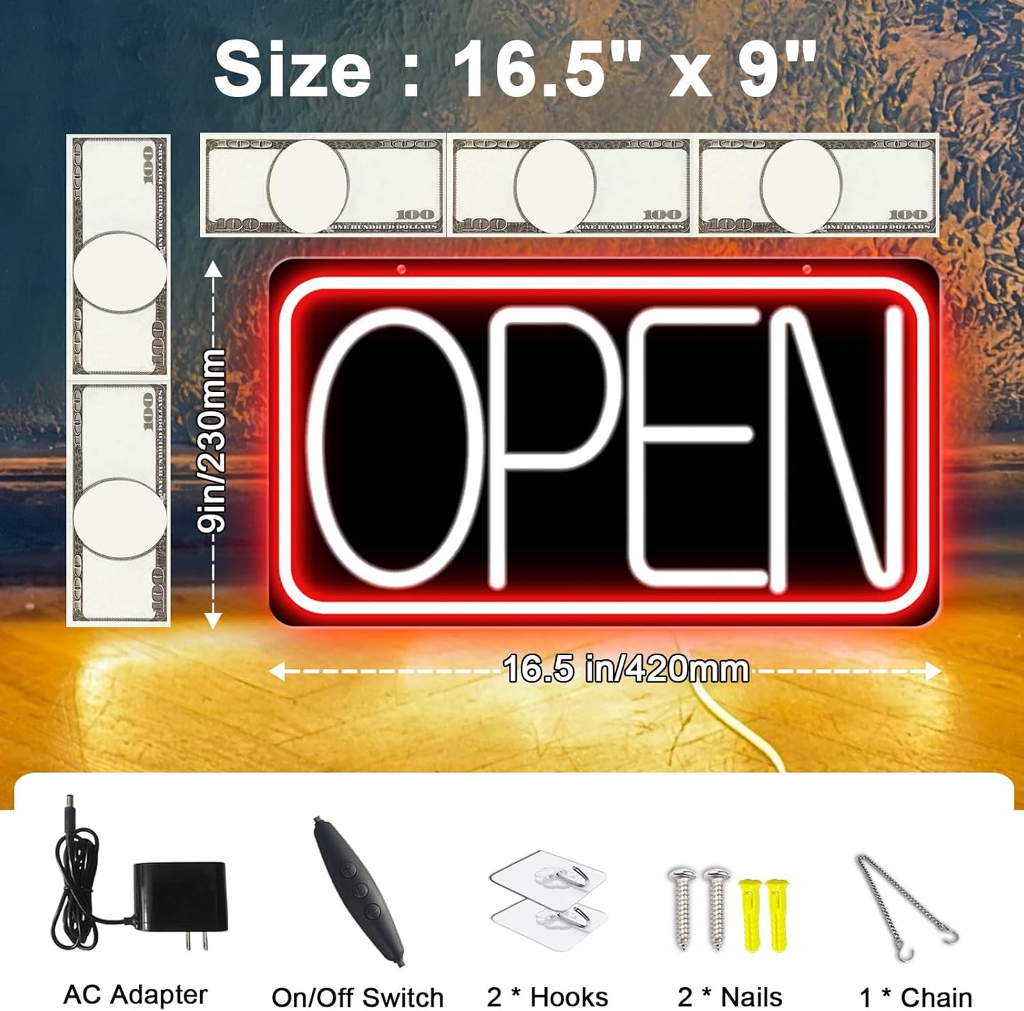 Led Neon Open Signs for Business,16.5"X 9" Ultra Bright Open Signs, Powered by 12V/2A AC Adapter, 6 Levels Adjustable Bright Led Neon Open Sign for Bar Salon Coffee Stores Club Hotel (Black Backplate)