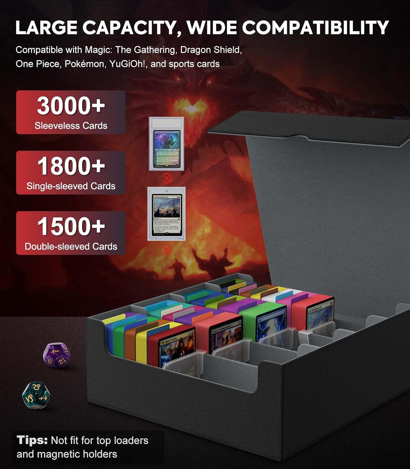 MoKo Trading Card Storage Box, 3000+ MTG Deck Box with 24 Colorful Dividers & 4 Card Supporters, Commander Card Deck Case Fits for Magic Game Cards, YugiOh, TCG, PTG and Sport Cards, Black Grey