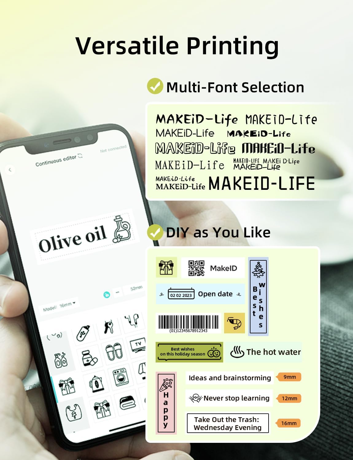 Makeid L1 HD Label Maker Machine with Tape, Portable & Rechargeable Label Makers Compatible with 9 12 16mm Waterproof Tape, Mini Bluetooth Labeler for Organizing Office Home School, 300DPI Green Tape